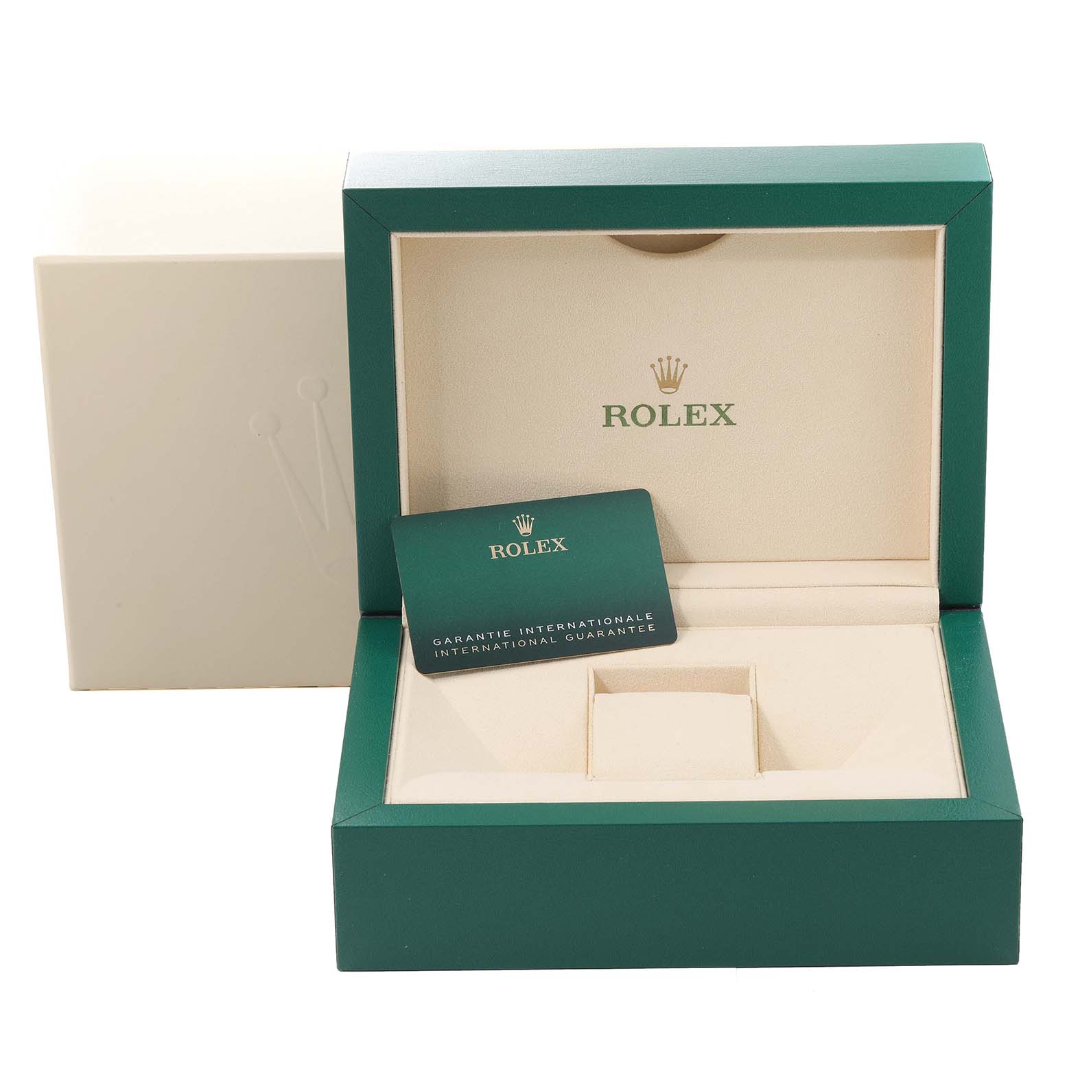 This image shows the packaging, including the box and warranty card, for a Rolex President 128239 Men's White Gold Blue Dial 128239 Men's White Gold Blue Dial model watch.
