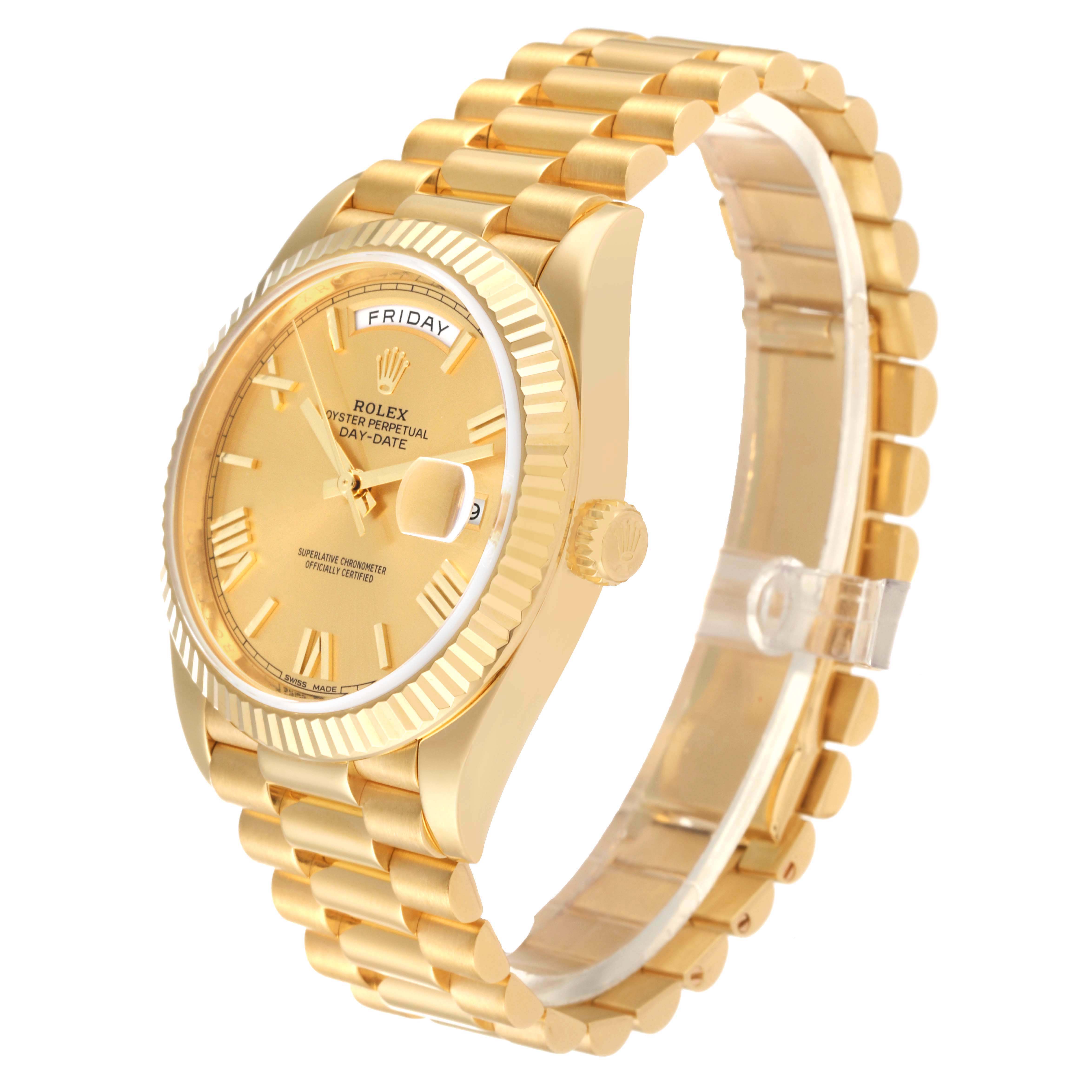 The image shows the Rolex President 228238 Men's Yellow Gold Champagne Dial 228238 Men's Yellow Gold Champagne Dial Oyster Perpetual Day-Date watch at an angled side view, highlighting its gold band and face.