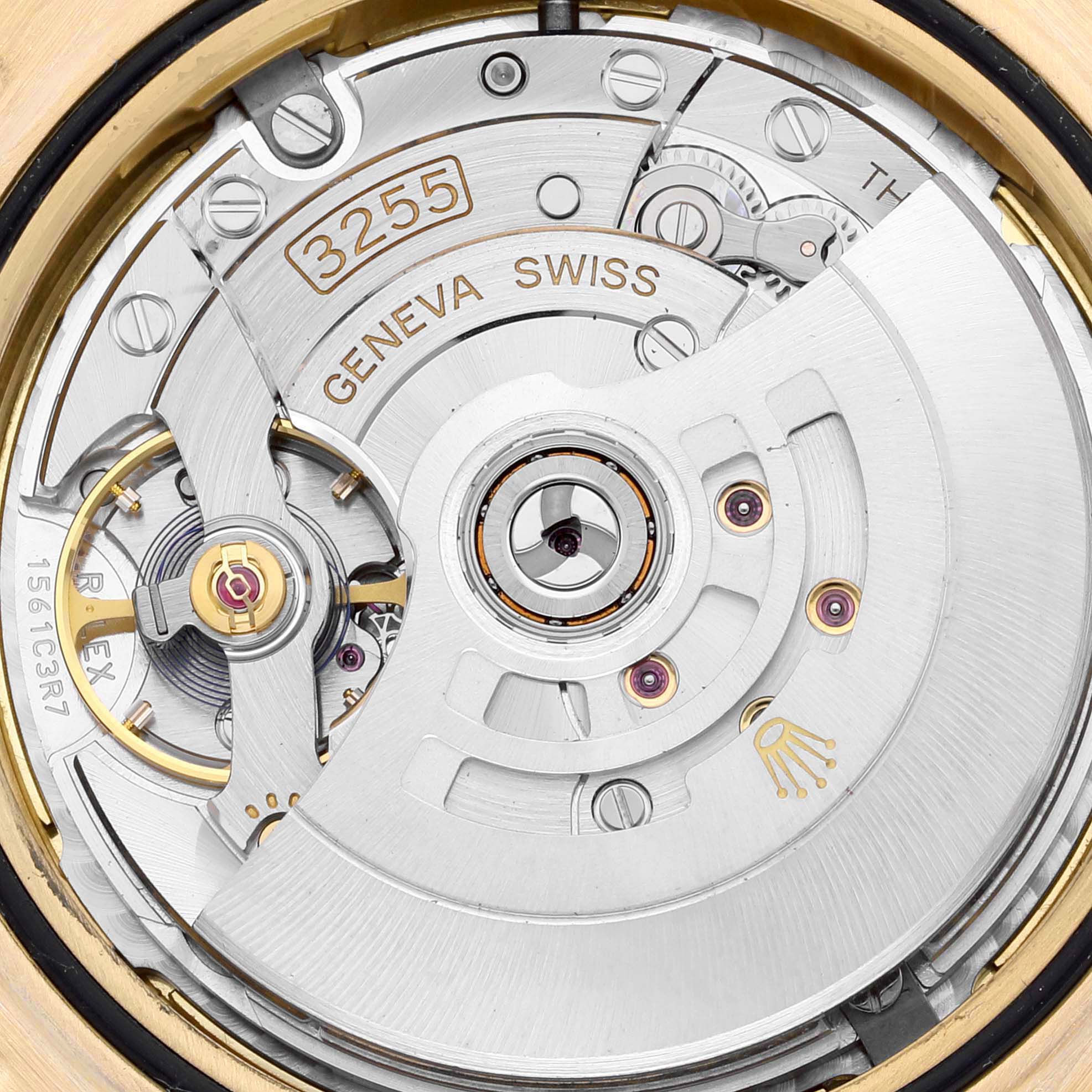 This image shows the internal movement mechanism, specifically the Rolex Caliber 3255, of a Rolex President 228238 Men's Yellow Gold Champagne Dial 228238 Men's Yellow Gold Champagne Dial model watch viewed from the back.