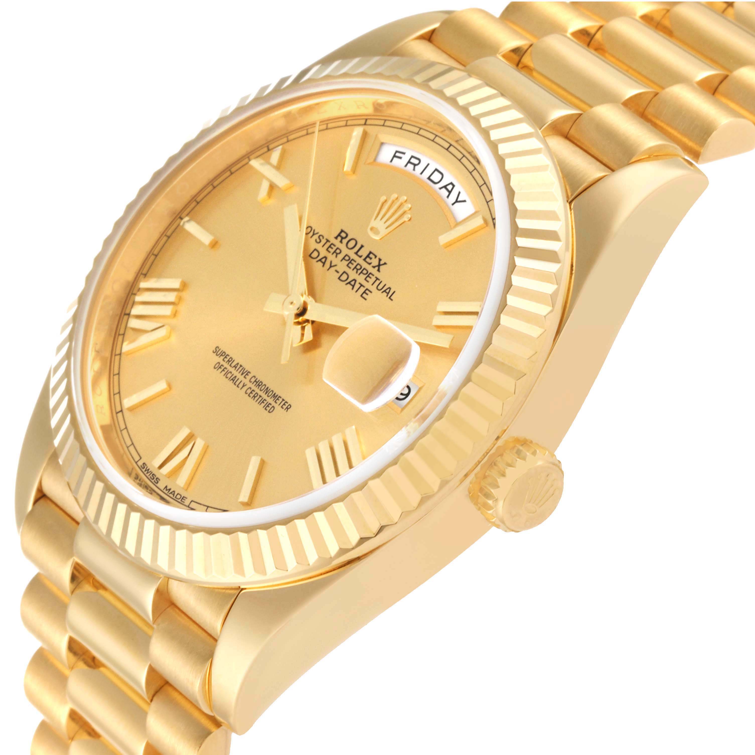 The image shows a close-up of a Rolex President 228238 Men's Yellow Gold Champagne Dial 228238 Men's Yellow Gold Champagne Dial model watch, highlighting the dial, bezel, case, crown, day, and date indicator.