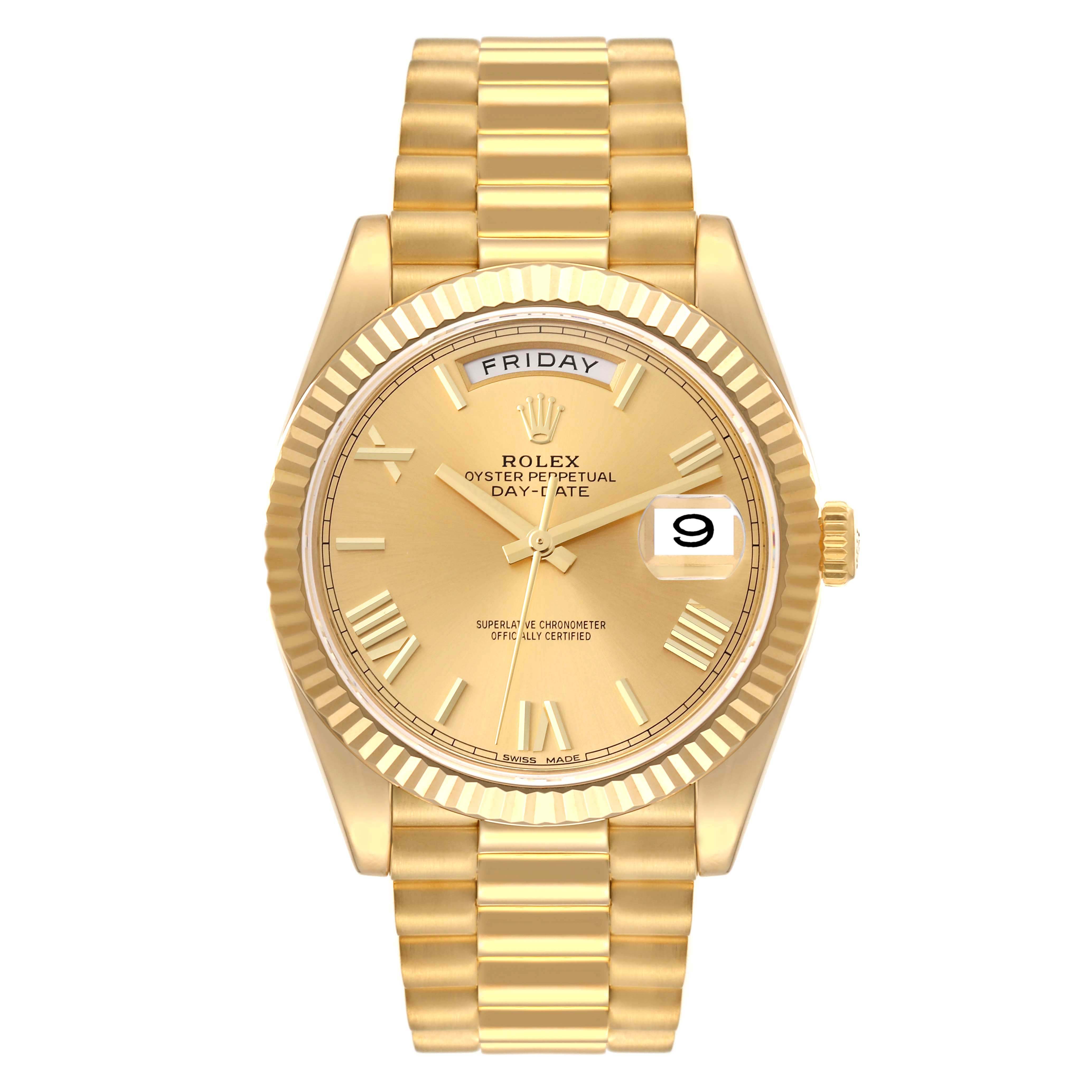 The image shows a front view of a Rolex President 228238 Men's Yellow Gold Champagne Dial 228238 Men's Yellow Gold Champagne Dial model watch, highlighting its gold case, dial, and bracelet.
