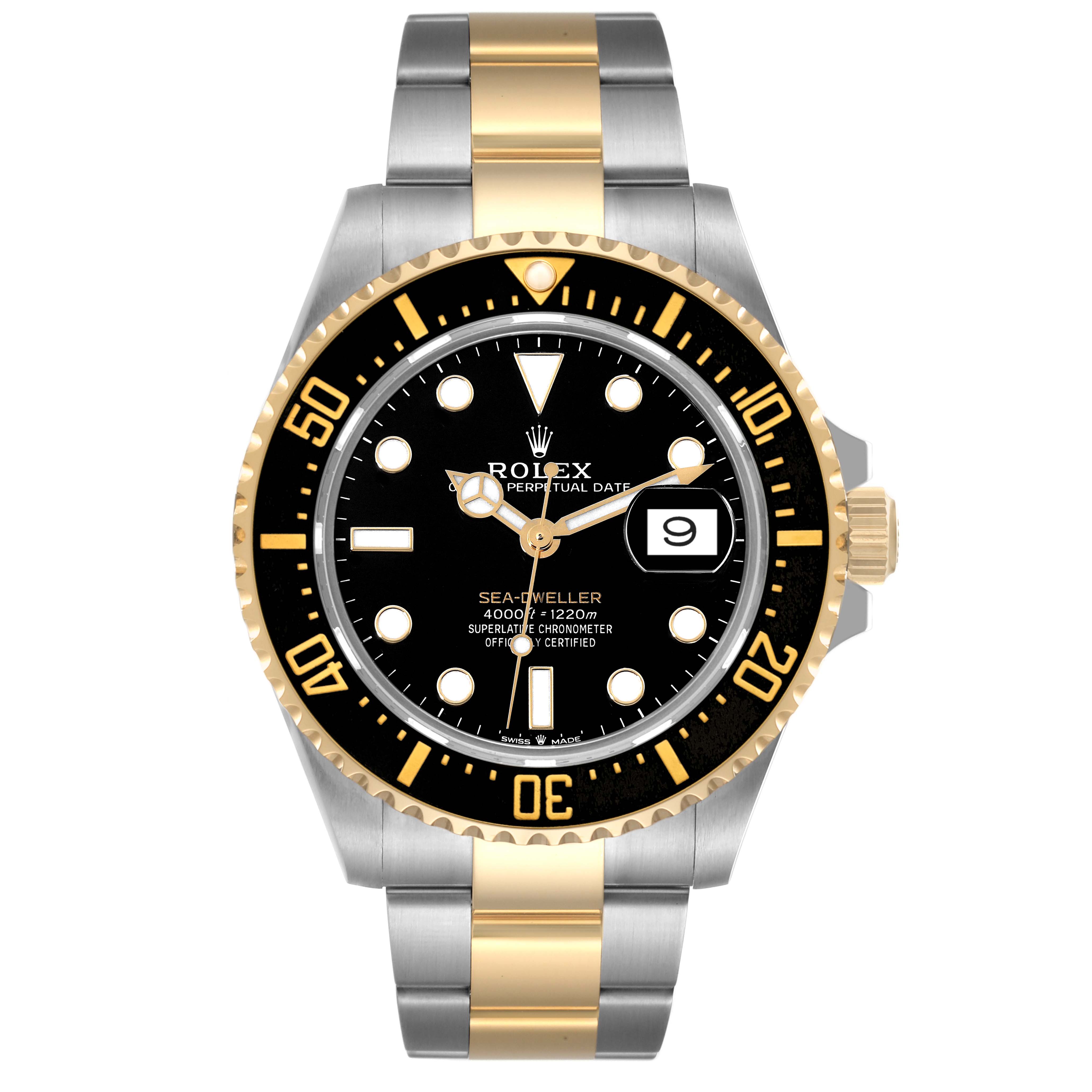 The image shows a front view of a Rolex Sea-Dweller 126603 Men's Steel and Gold (two tone) Black Dial 126603 Men's Steel and Gold (two tone) Black Dial watch, featuring a black dial, date window, and a two-tone metal bracelet.