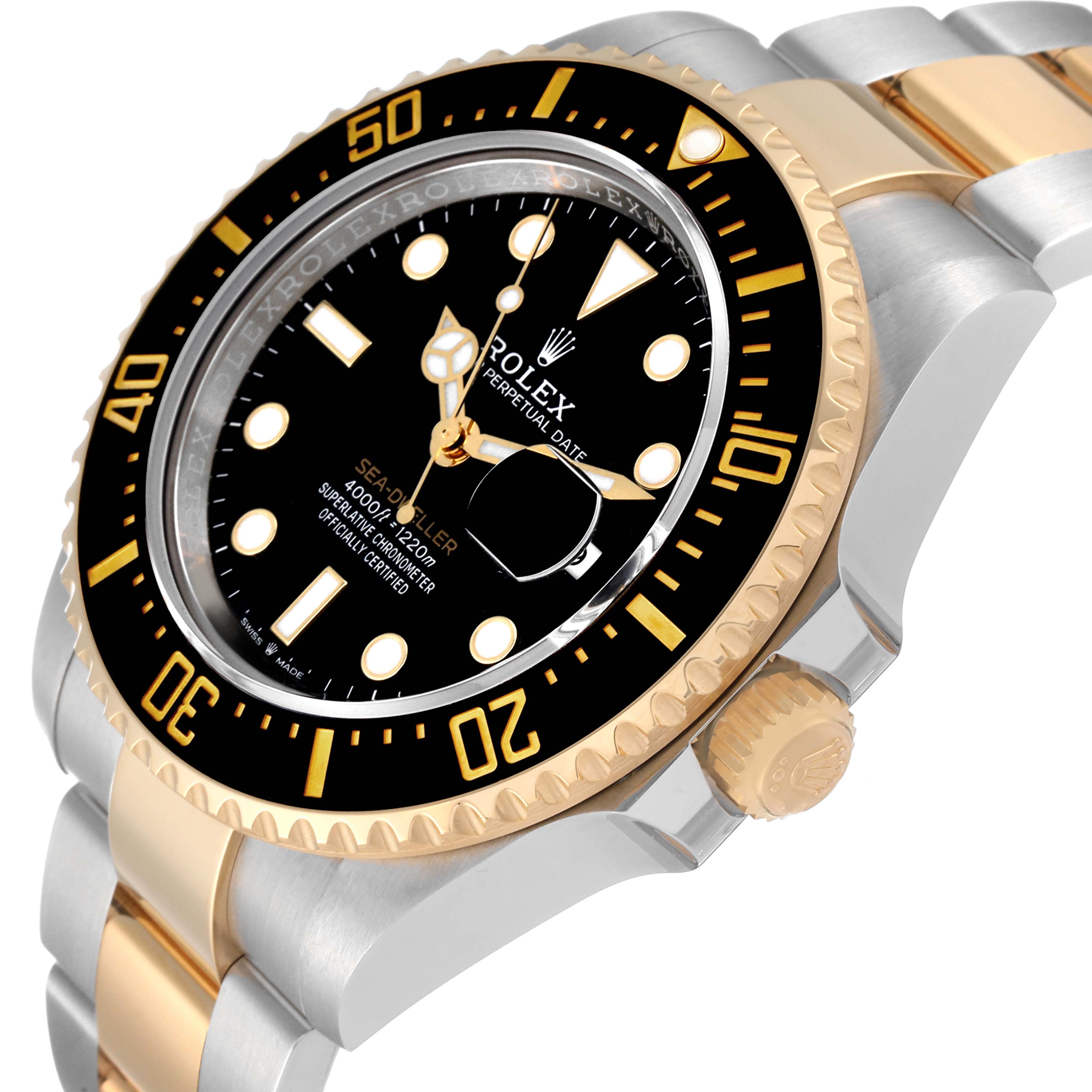 The Rolex Sea-Dweller 126603 Men's Steel and Gold (two tone) Black Dial 126603 Men's Steel and Gold (two tone) Black Dial watch is shown at an angled side view, highlighting its dial, bezel, and bracelet.