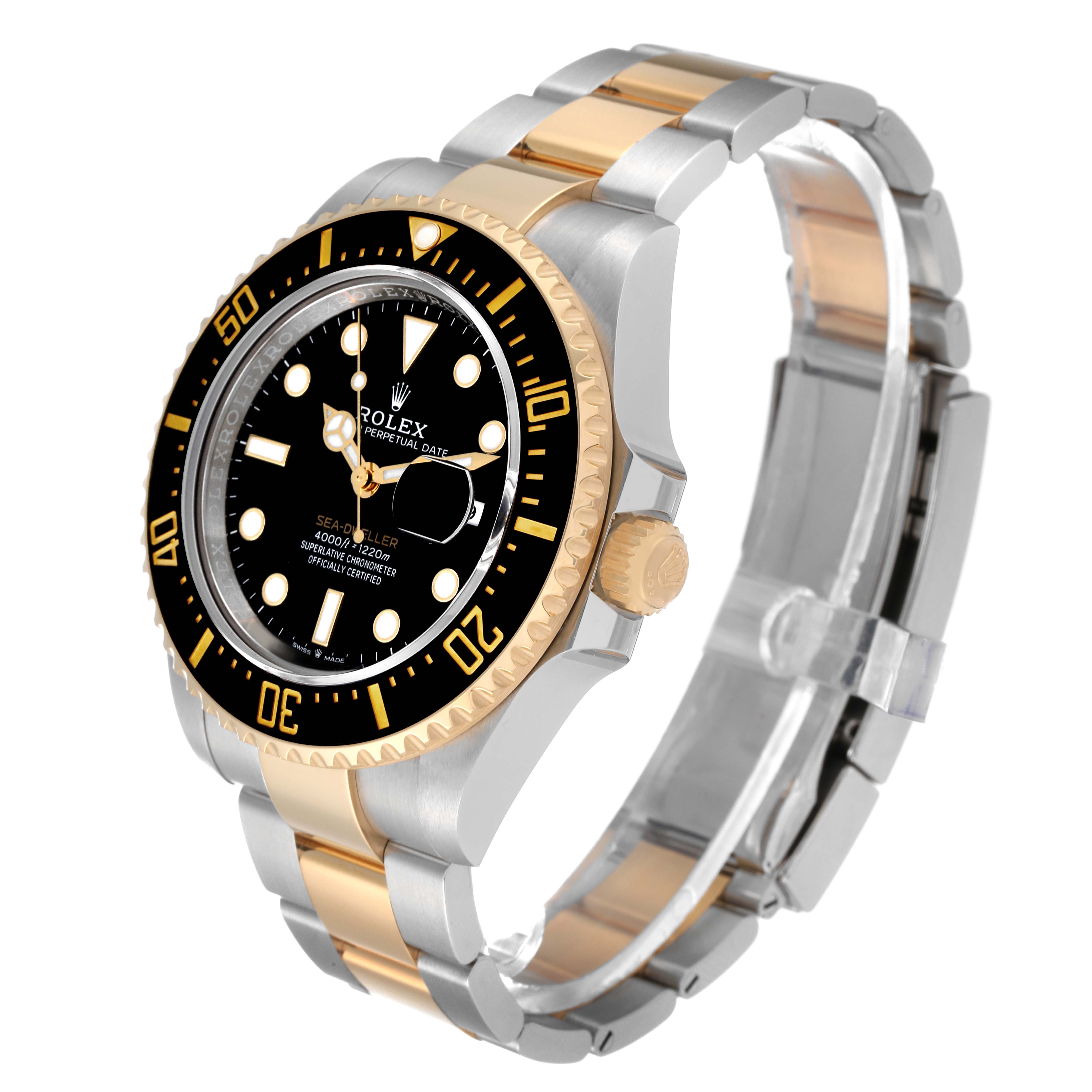 The Rolex Sea-Dweller 126603 Men's Steel and Gold (two tone) Black Dial 126603 Men's Steel and Gold (two tone) Black Dial watch is displayed at an angle, showing its dial, bezel, bracelet, and crown.