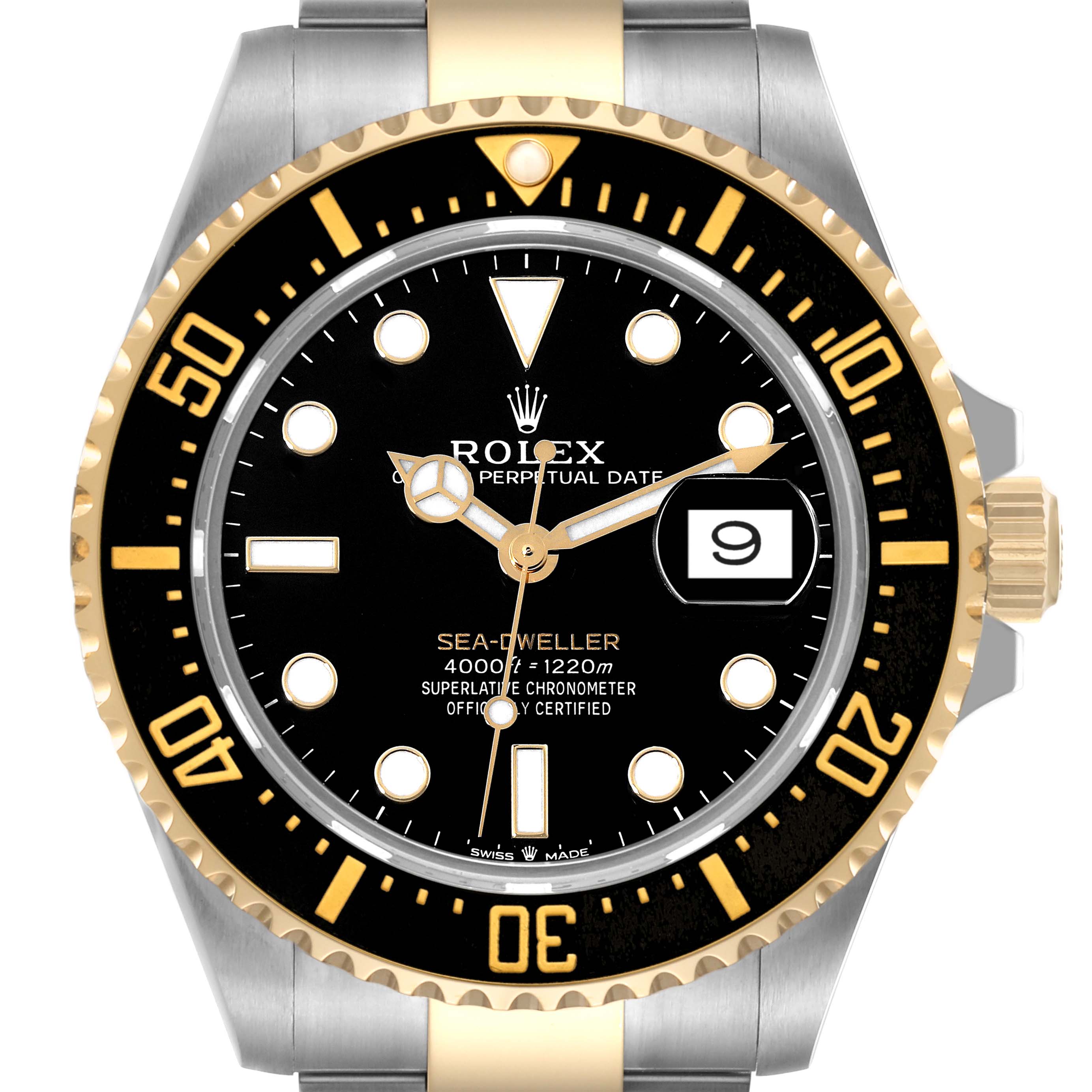 This image shows a front view of the Rolex Sea-Dweller 126603 Men's Steel and Gold (two tone) Black Dial 126603 Men's Steel and Gold (two tone) Black Dial watch, highlighting its black dial, gold bezel, and date display.