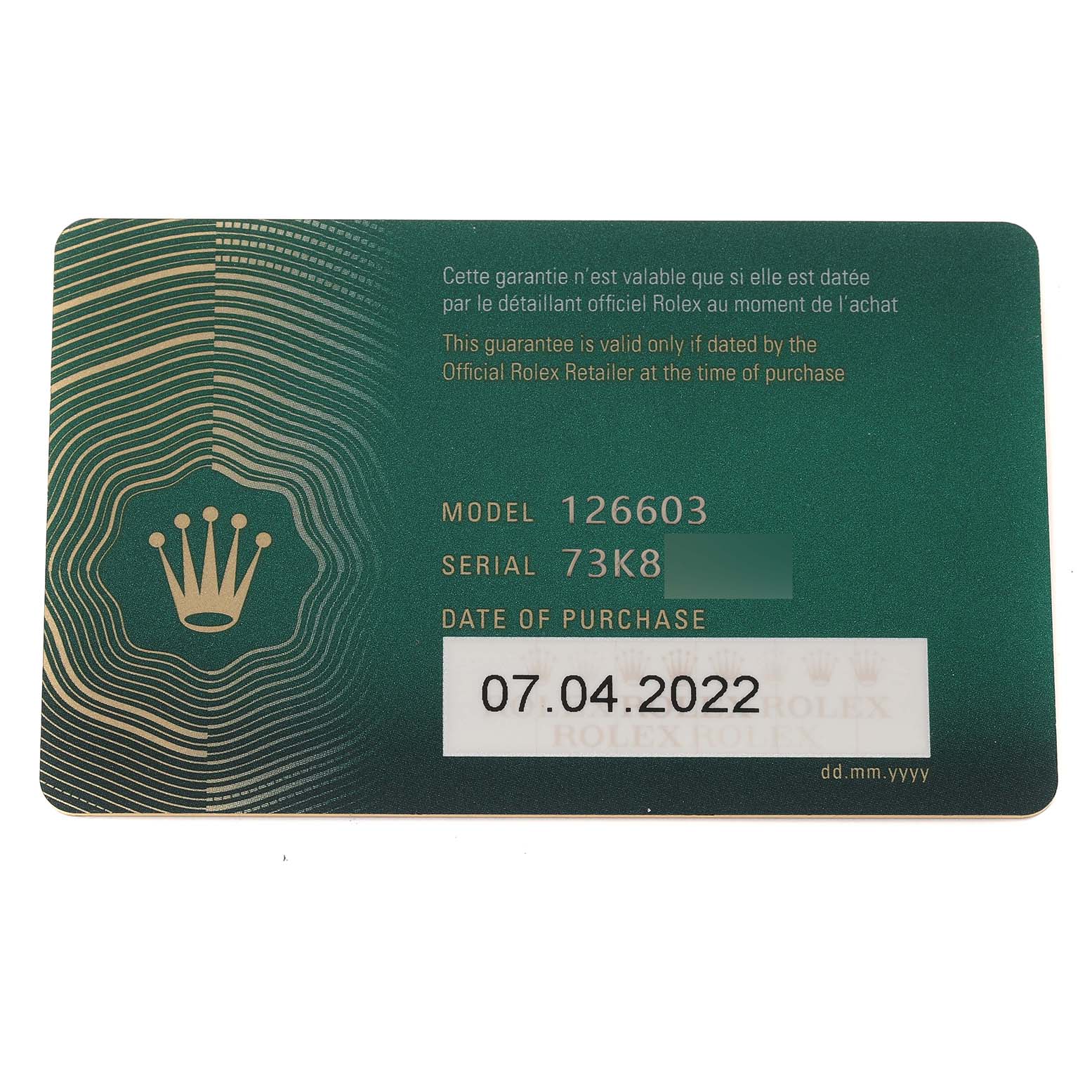 The image shows a guarantee card for a Rolex Sea-Dweller 126603 Men's Steel and Gold (two tone) Black Dial 126603 Men's Steel and Gold (two tone) Black Dial model 126603 with the purchase date of 07.04.2022.