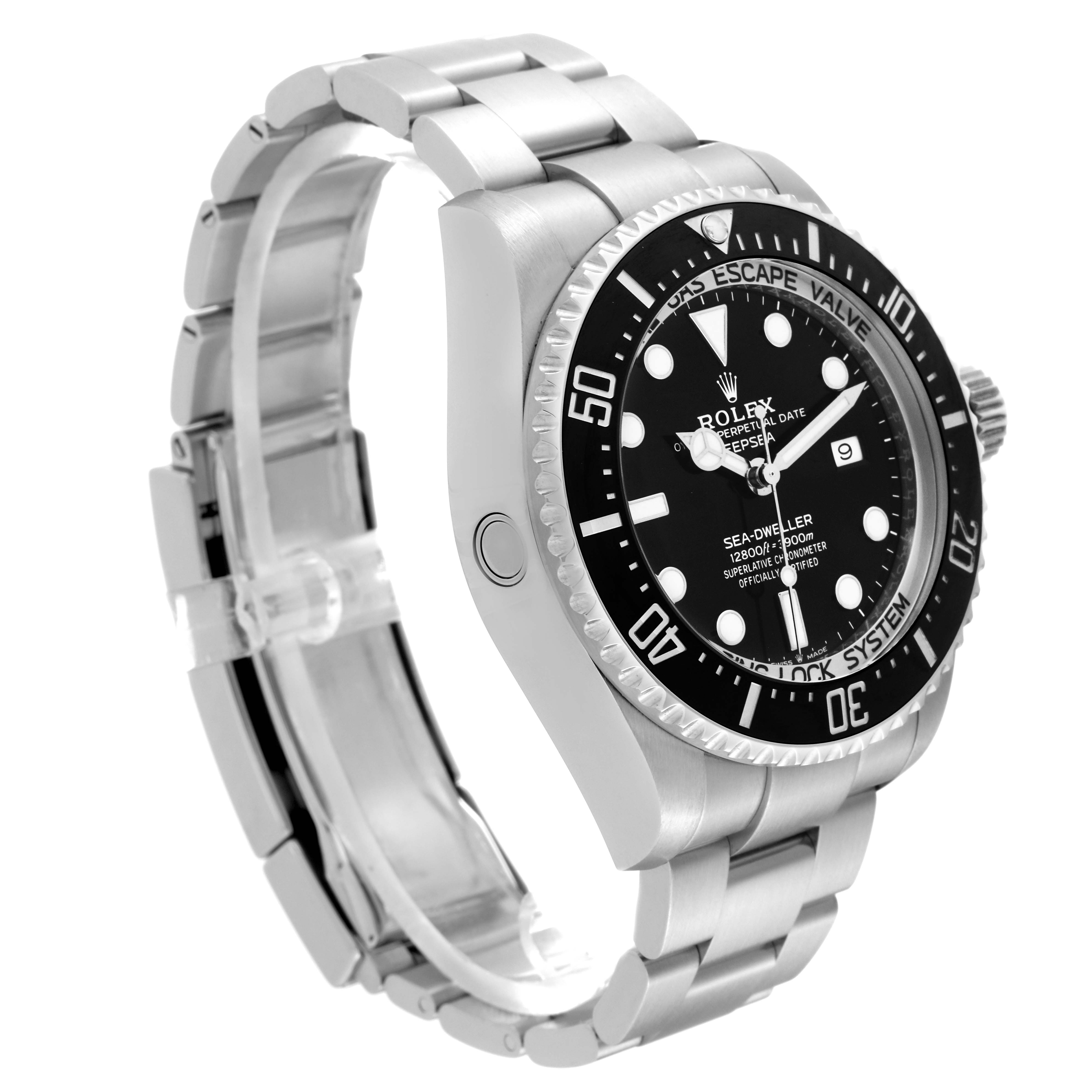 The image shows a Rolex Sea-Dweller 126660 Men's Stainless Steel Black Dial 126660 Men's Stainless Steel Black Dial watch at a three-quarter angle highlighting the bezel, dial, crown, and bracelet.