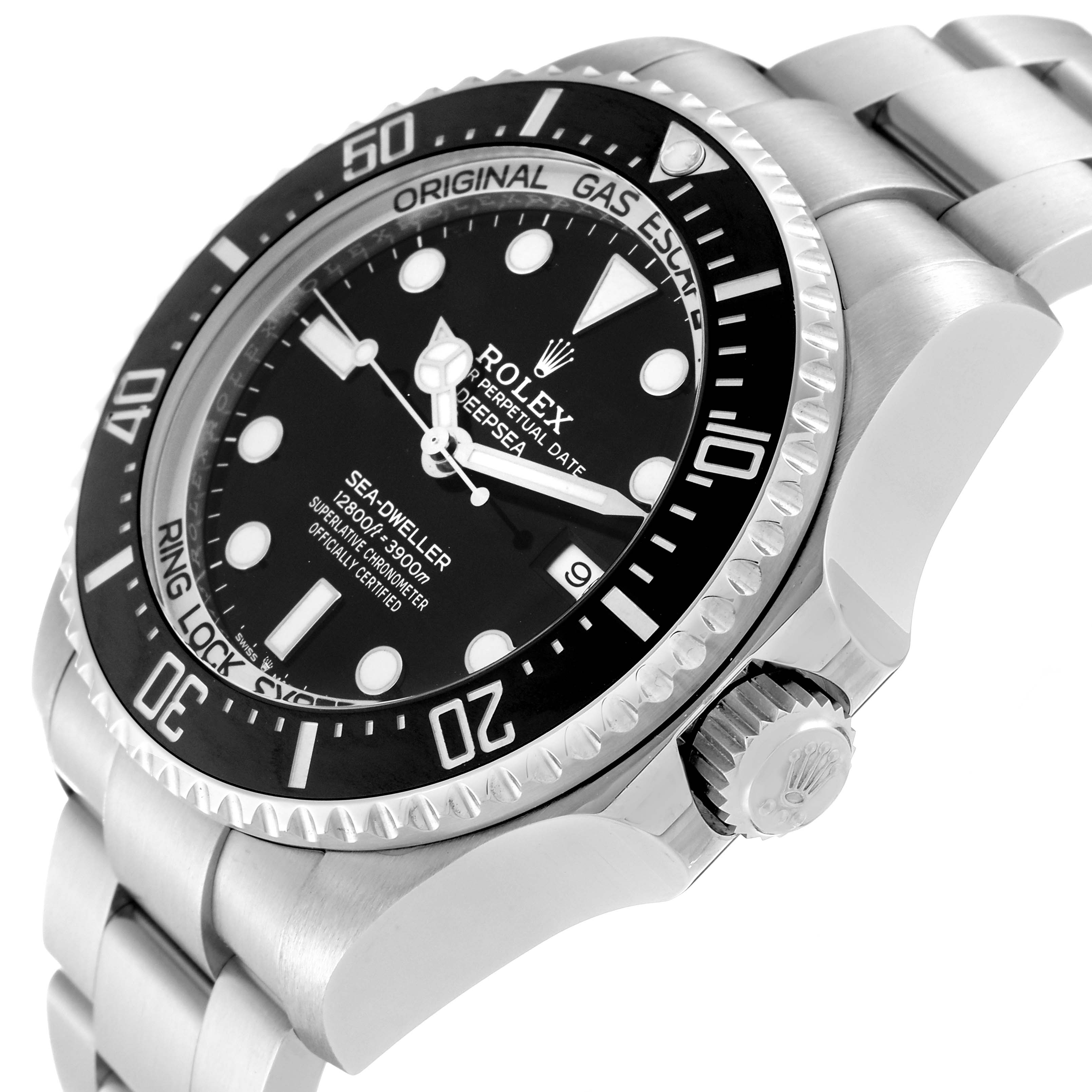 The image shows a close-up angled view of the Rolex Sea-Dweller 126660 Men's Stainless Steel Black Dial 126660 Men's Stainless Steel Black Dial watch, highlighting the dial, bezel, crown, and part of the bracelet.