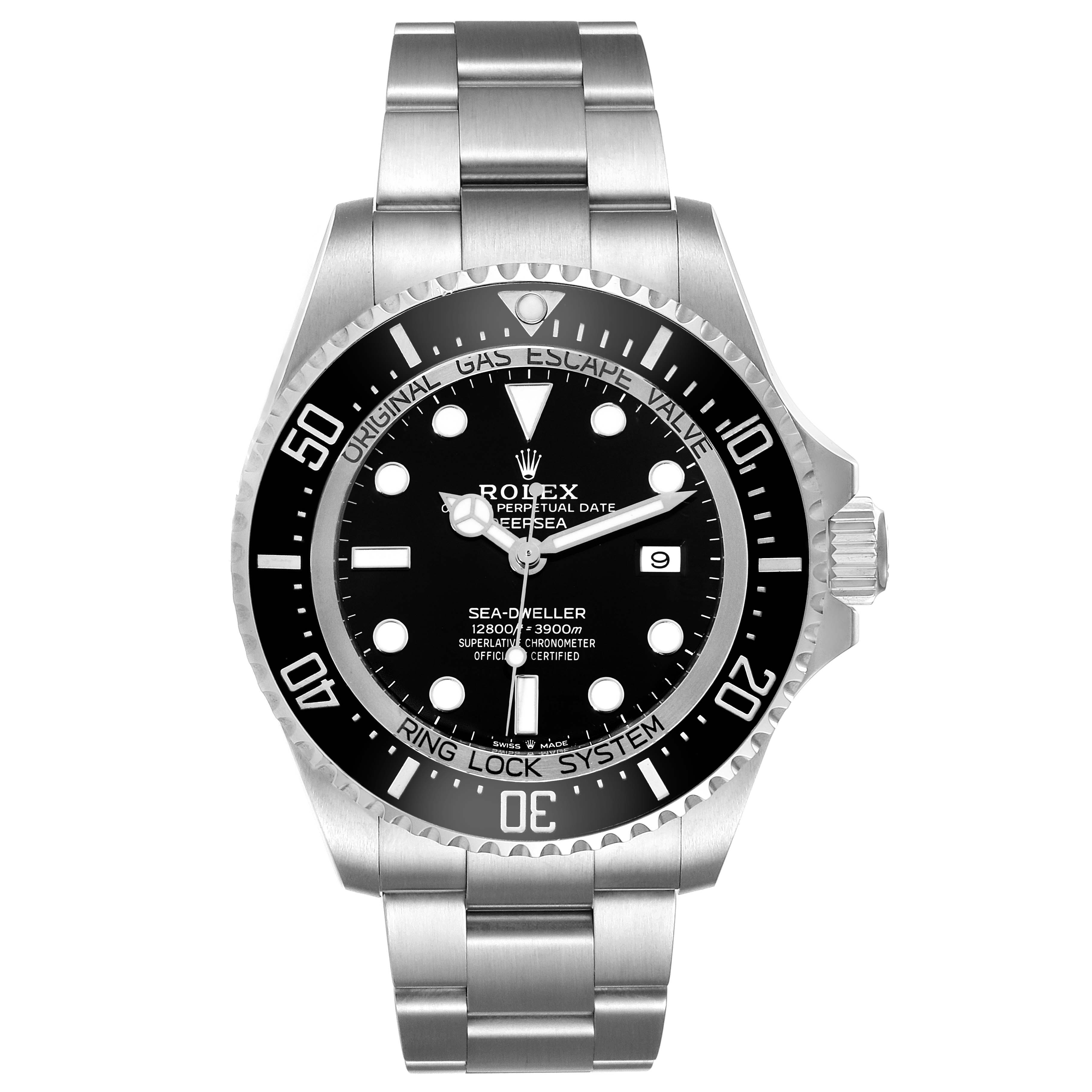 The Rolex Sea-Dweller 126660 Men's Stainless Steel Black Dial 126660 Men's Stainless Steel Black Dial watch is shown from a front angle, displaying its face, bezel, and bracelet.