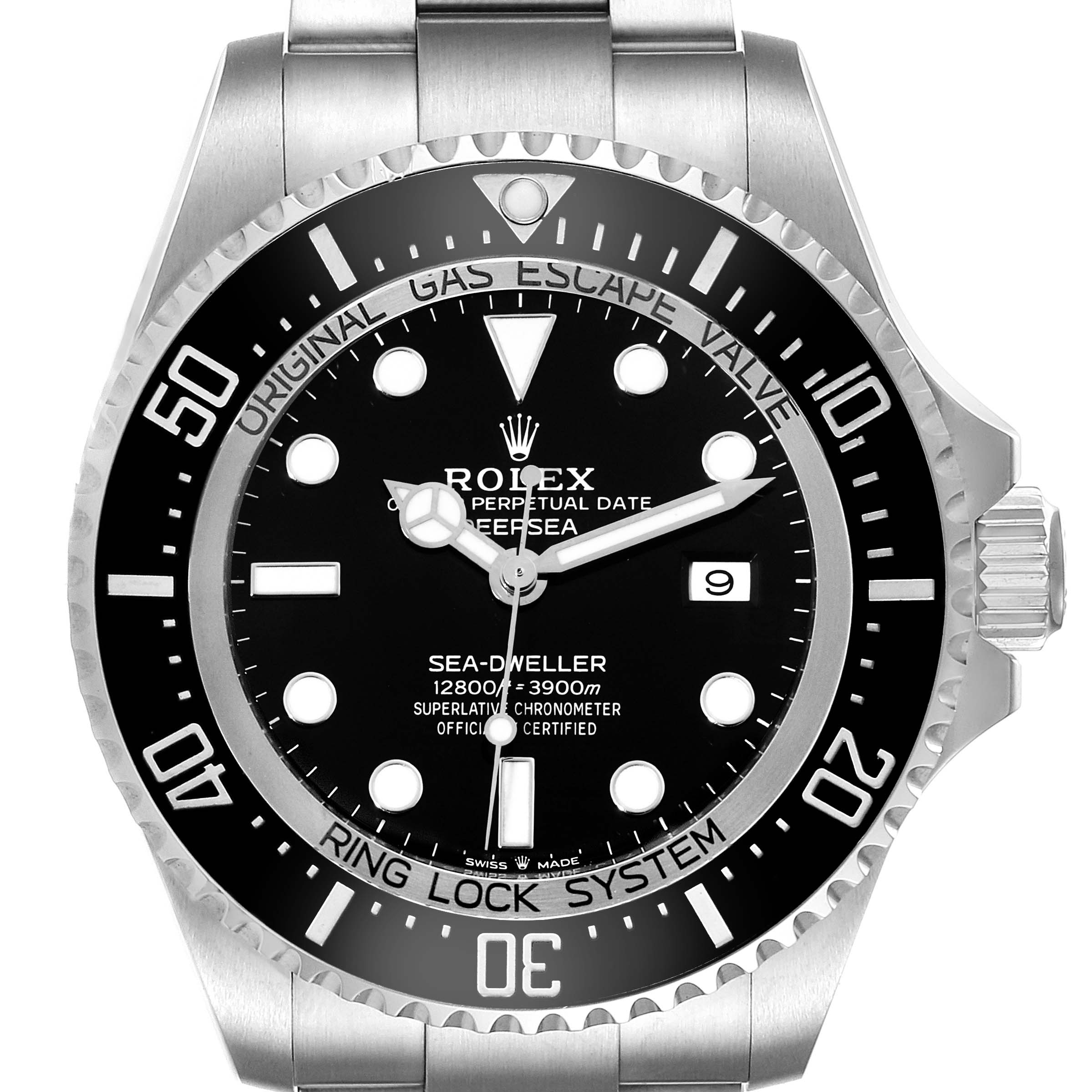 The image shows a front view of the Rolex Sea-Dweller 126660 Men's Stainless Steel Black Dial 126660 Men's Stainless Steel Black Dial watch, displaying its dial, bezel, and part of the bracelet.