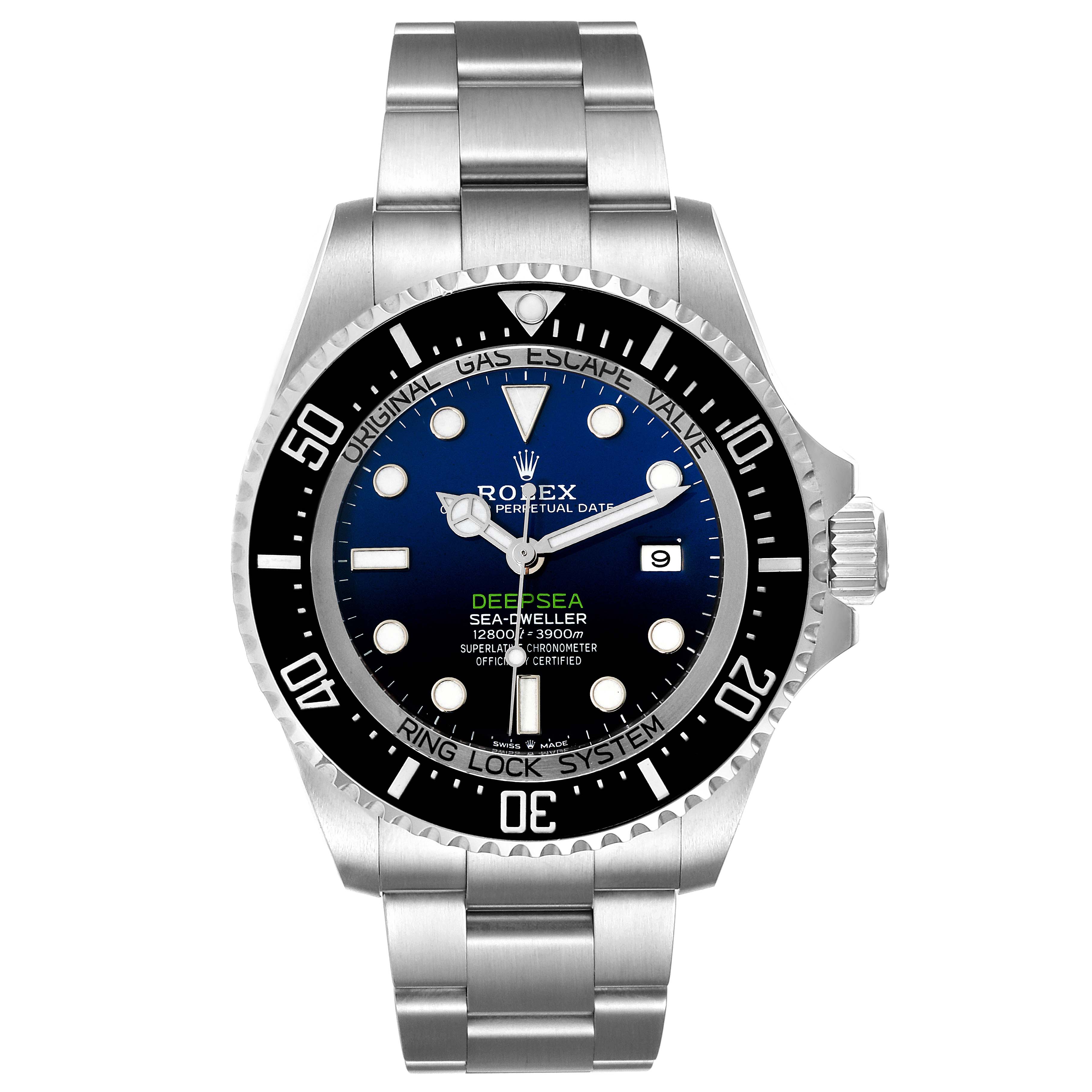 This image shows a front view of a Rolex Sea-Dweller 126660 Men's Stainless Steel Blue Dial 126660 Men's Stainless Steel Blue Dial watch, showcasing the dial, bezel, and bracelet.