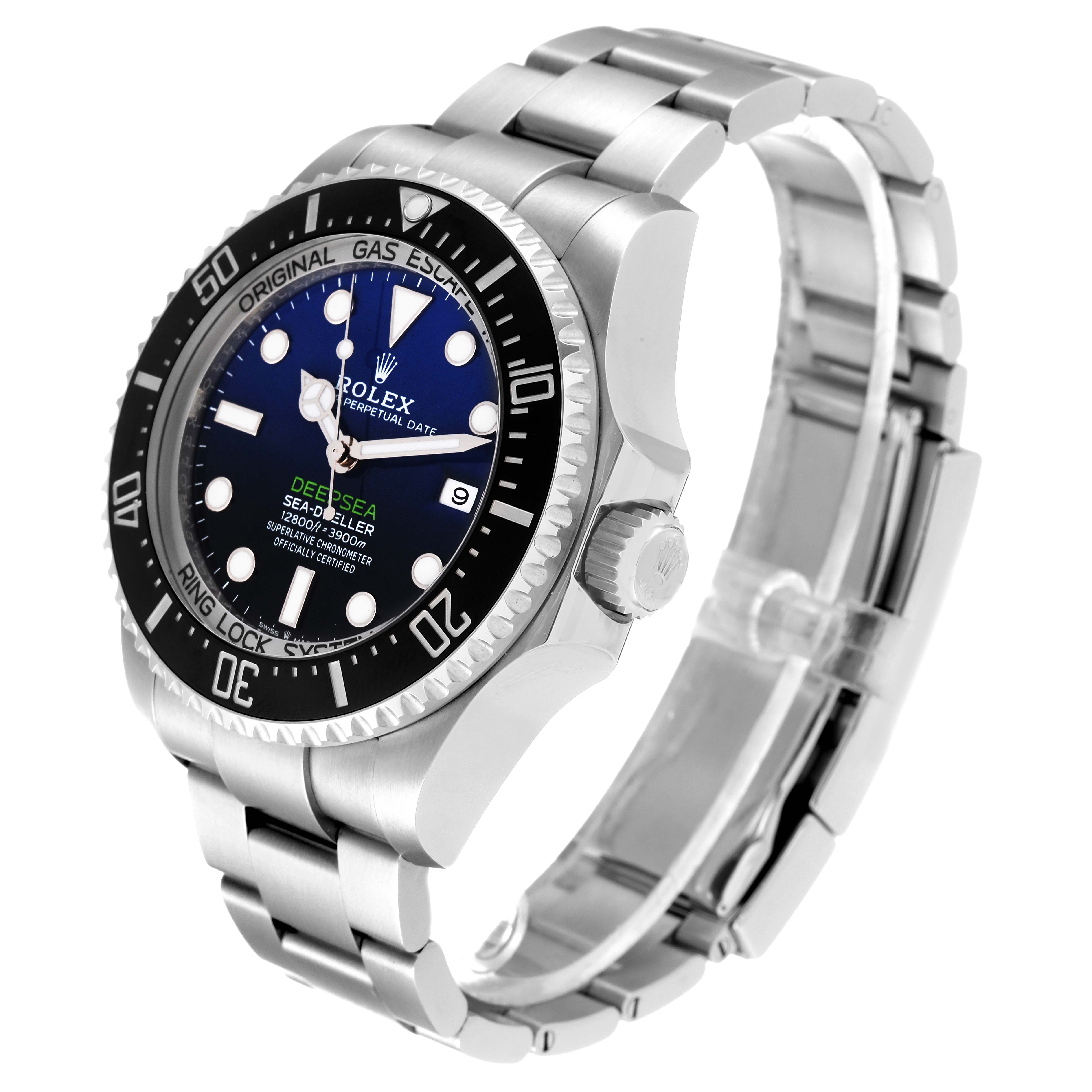 The image shows a side angle of the Rolex Sea-Dweller 126660 Men's Stainless Steel Blue Dial 126660 Men's Stainless Steel Blue Dial watch, highlighting the dial, bezel, and bracelet.