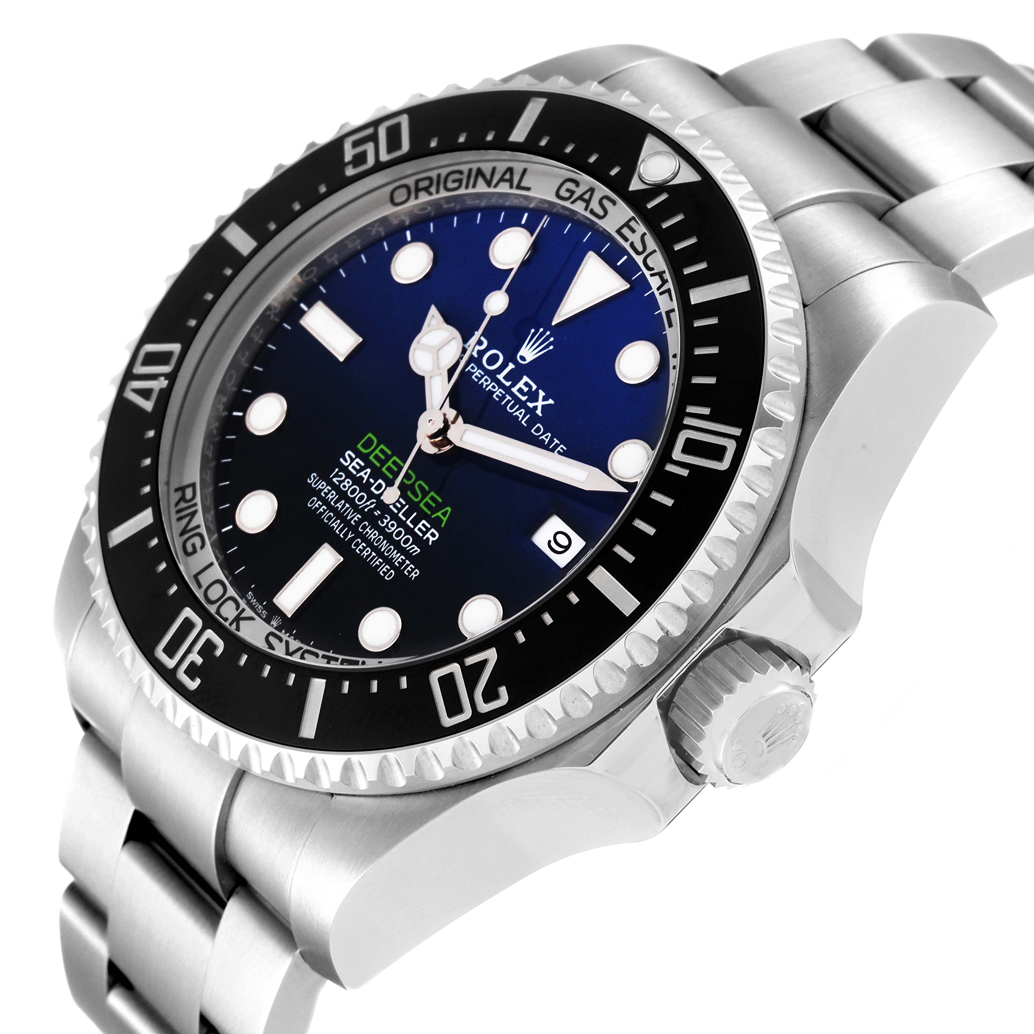 The image shows a partial side view of the Rolex Sea-Dweller 126660 Men's Stainless Steel Blue Dial 126660 Men's Stainless Steel Blue Dial watch, highlighting the face, crown, and part of the bracelet.
