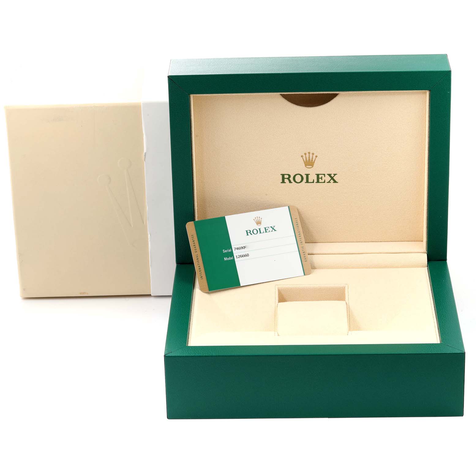The image shows a Rolex Sea-Dweller 126660 Men's Stainless Steel Blue Dial 126660 Men's Stainless Steel Blue Dial watch box with the warranty card inside the box.