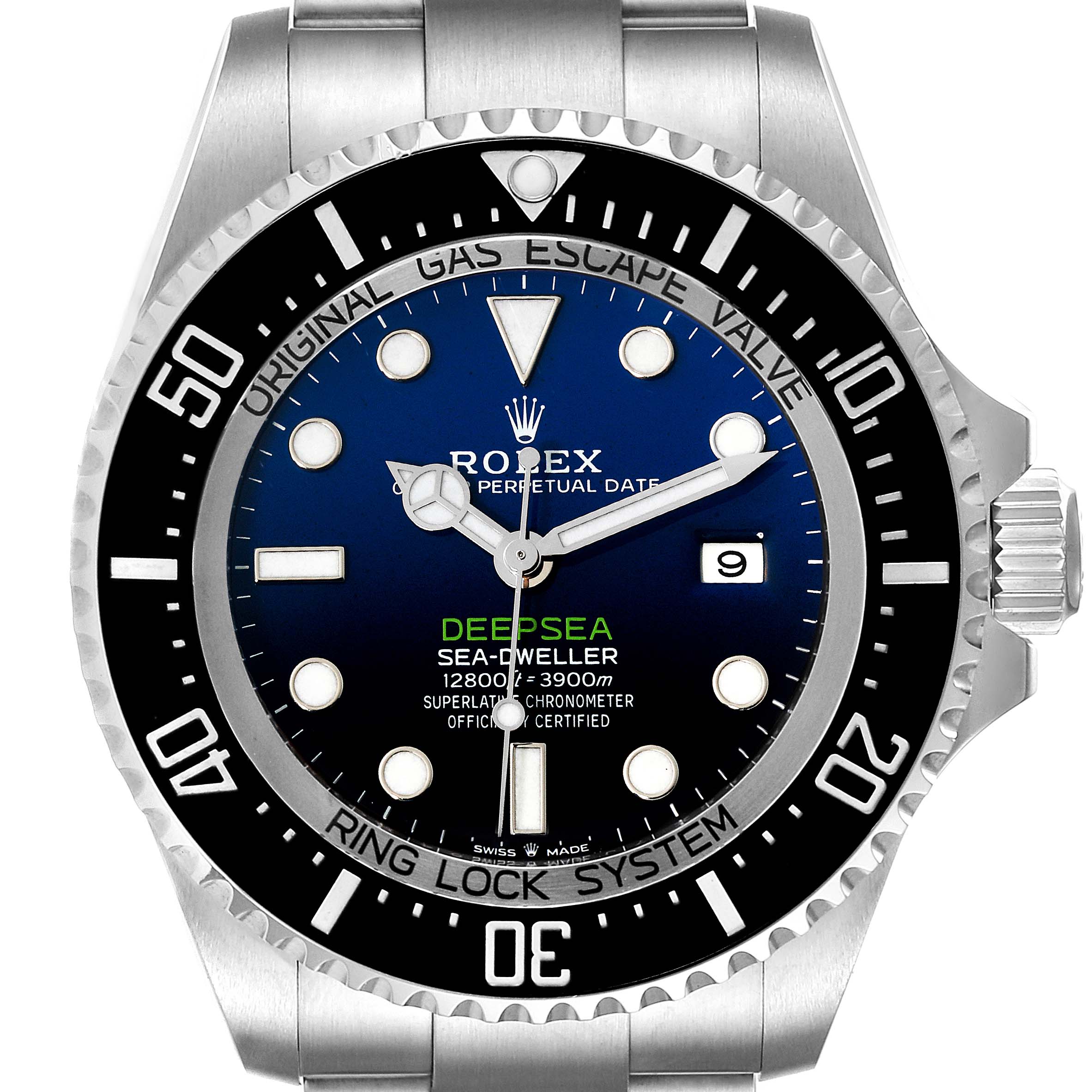 The image shows a front view of the Rolex Sea-Dweller 126660 Men's Stainless Steel Blue Dial 126660 Men's Stainless Steel Blue Dial watch, including its bezel, dial, hands, and part of the bracelet.