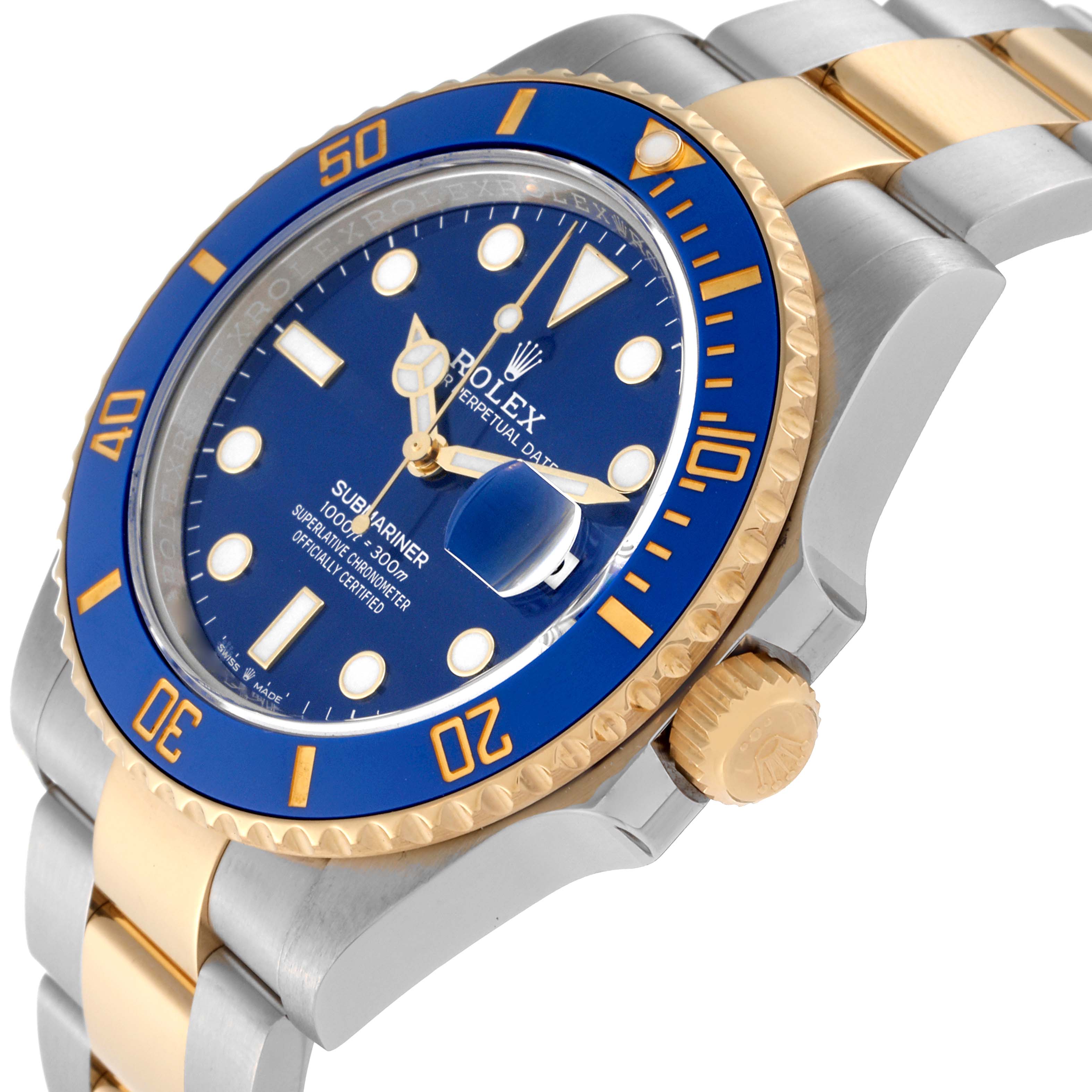 The image shows a close-up of the Rolex Submariner 126613LB Men's Steel and Gold (two tone) Blue Dial 126613LB Men's Steel and Gold (two tone) Blue Dial watch at an angle, highlighting the dial, bezel, crown, and part of the bracelet.