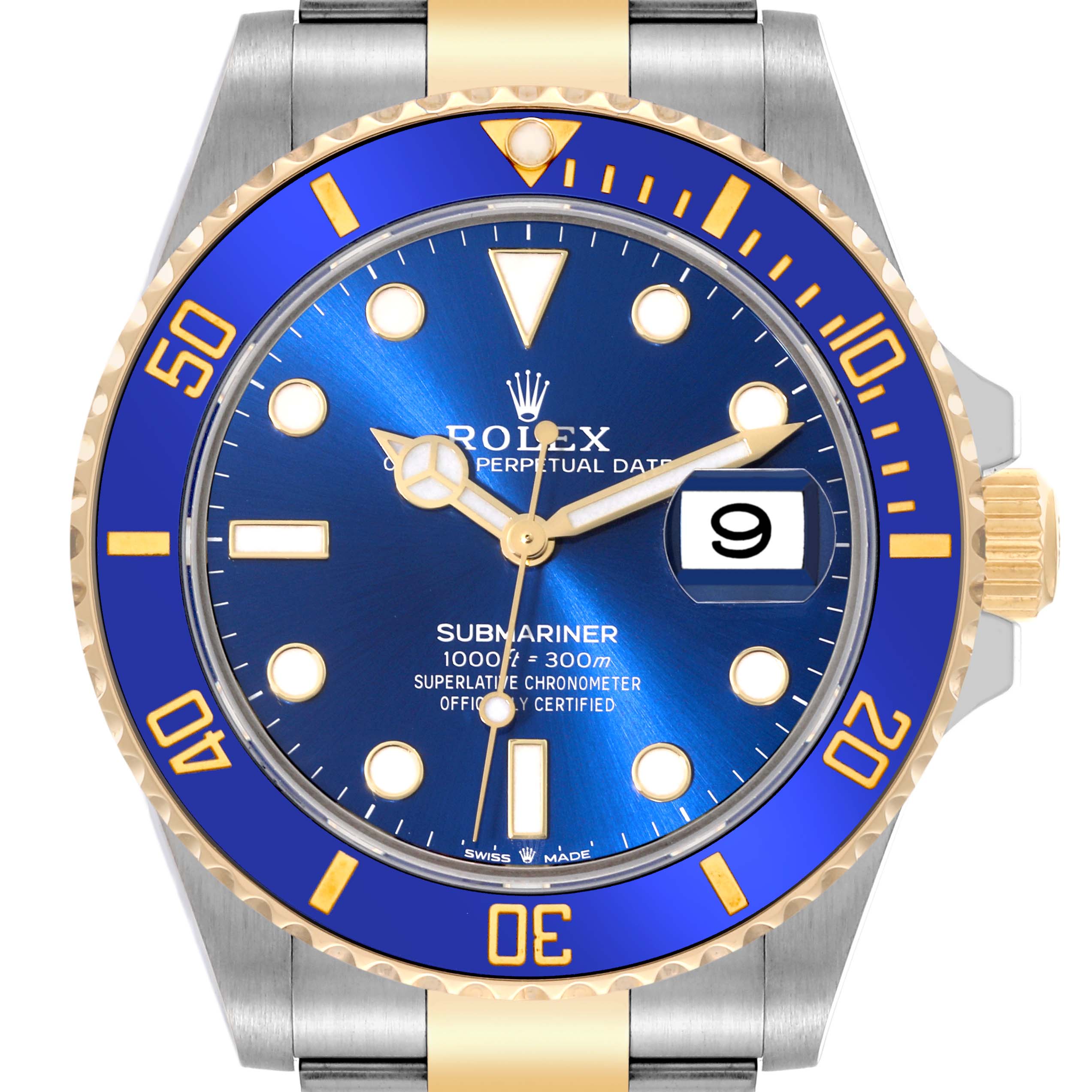 The image shows a front view of a Rolex Submariner 126613LB Men's Steel and Gold (two tone) Blue Dial 126613LB Men's Steel and Gold (two tone) Blue Dial watch, highlighting the dial, bezel, and part of the bracelet.