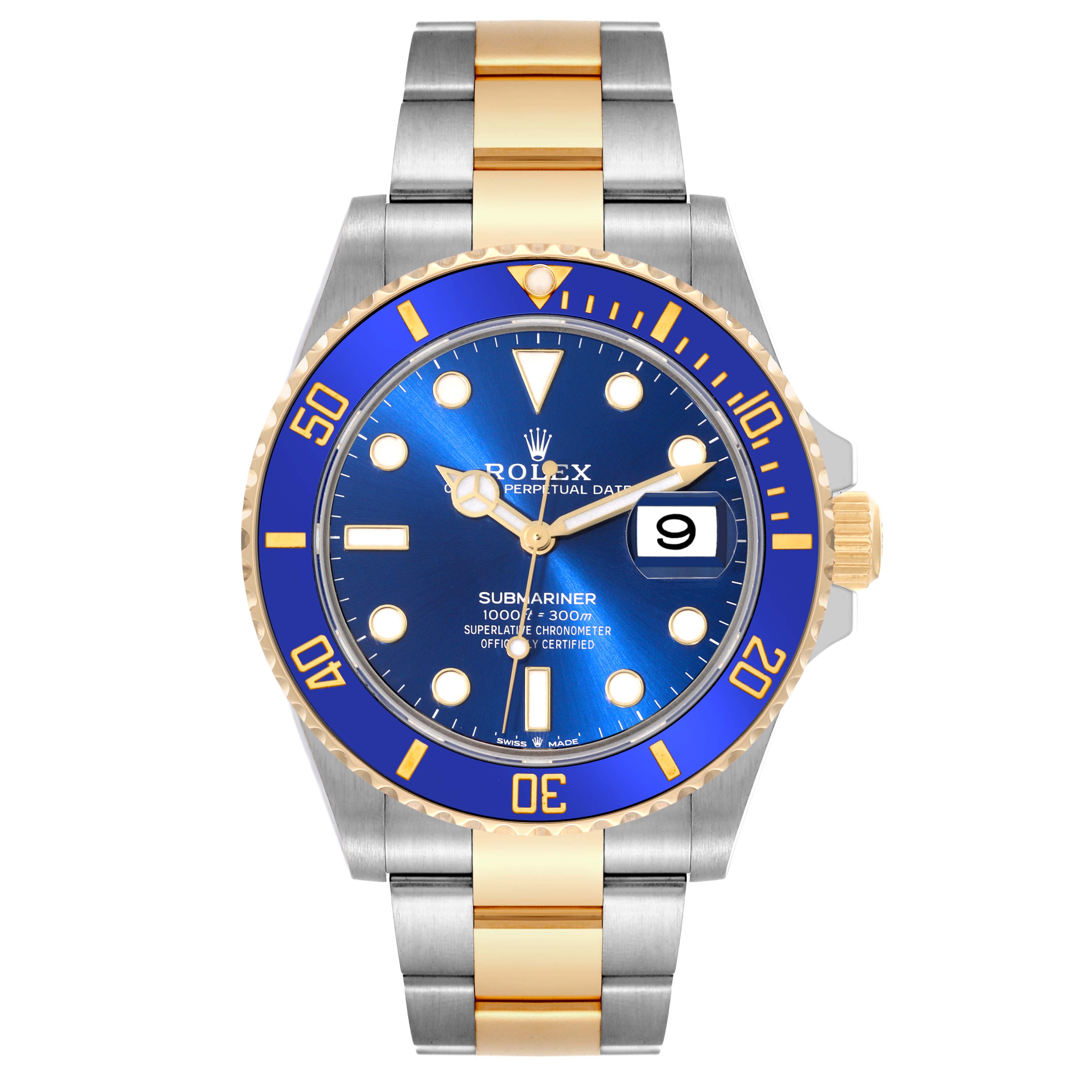 The Rolex Submariner 126613LB Men's Steel and Gold (two tone) Blue Dial 126613LB Men's Steel and Gold (two tone) Blue Dial watch is shown from a front angle, displaying the dial, bezel, hands, and two-tone bracelet.