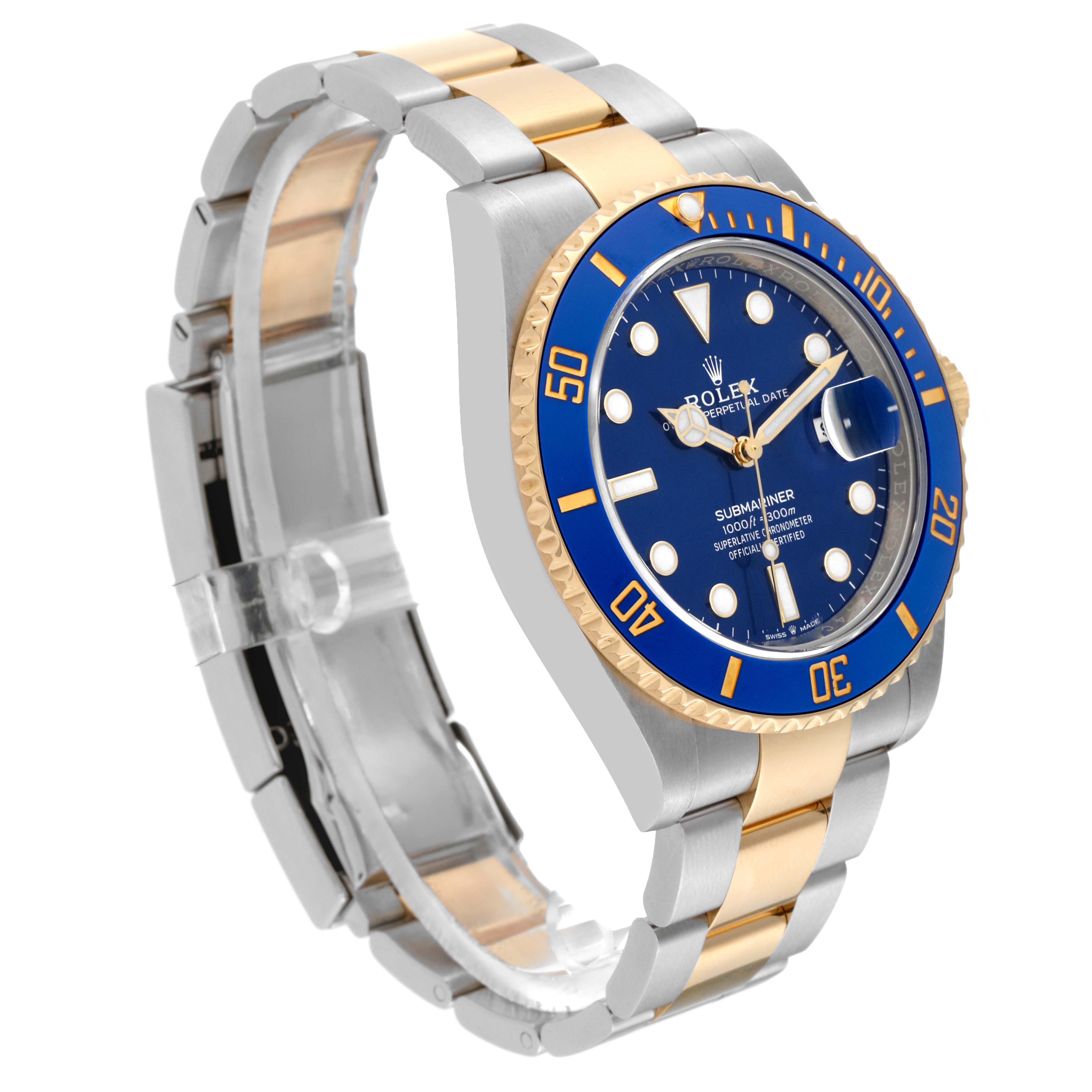 The Rolex Submariner 126613LB Men's Steel and Gold (two tone) Blue Dial 126613LB Men's Steel and Gold (two tone) Blue Dial watch is shown at a slight angle, displaying the blue and gold bezel, blue dial, and two-tone metal band.