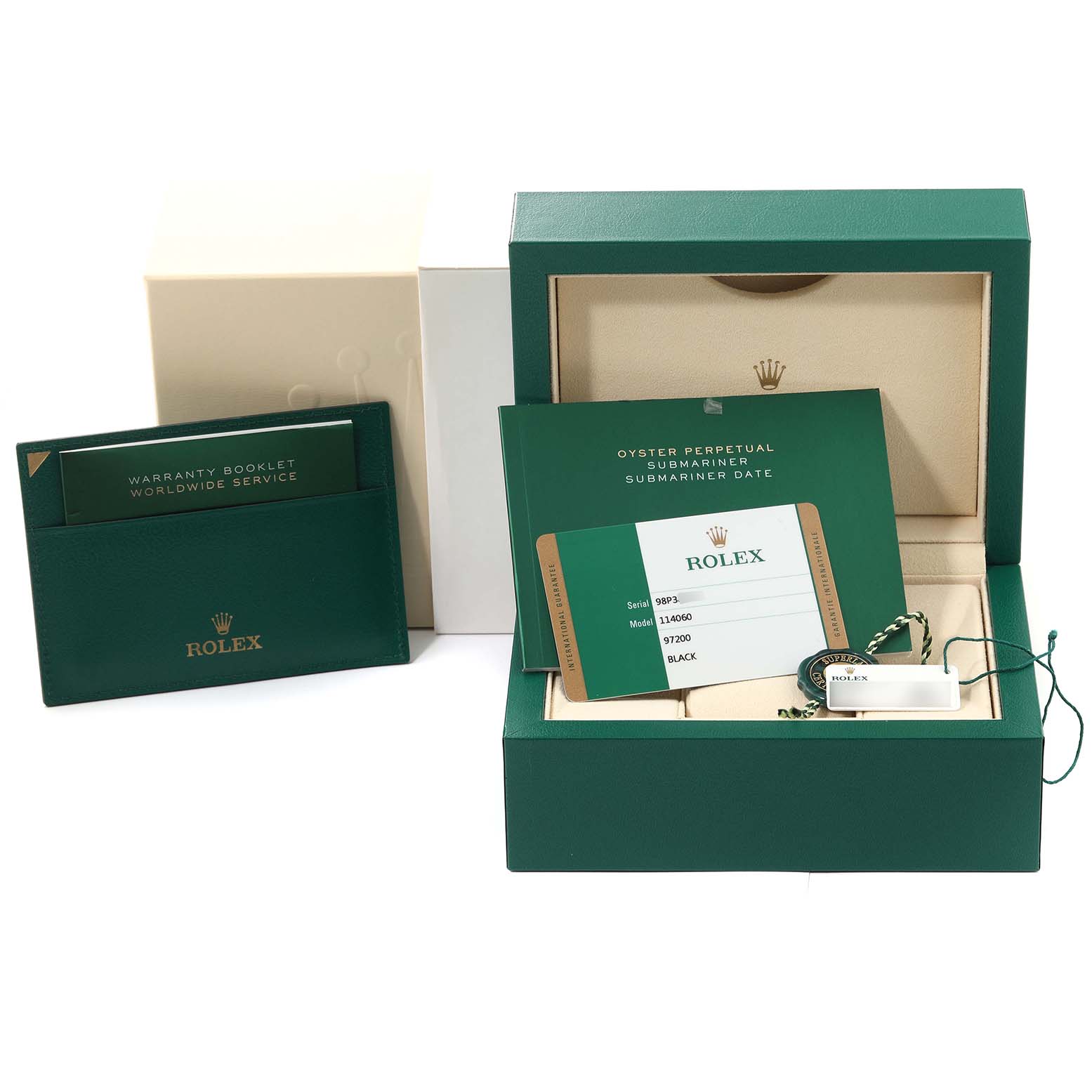 The image shows the packaging, warranty booklet, and tags for a Rolex Submariner 114060 Men
s Stainless Steel Black Dial 114060 Men
s Stainless Steel Black Dial watch.