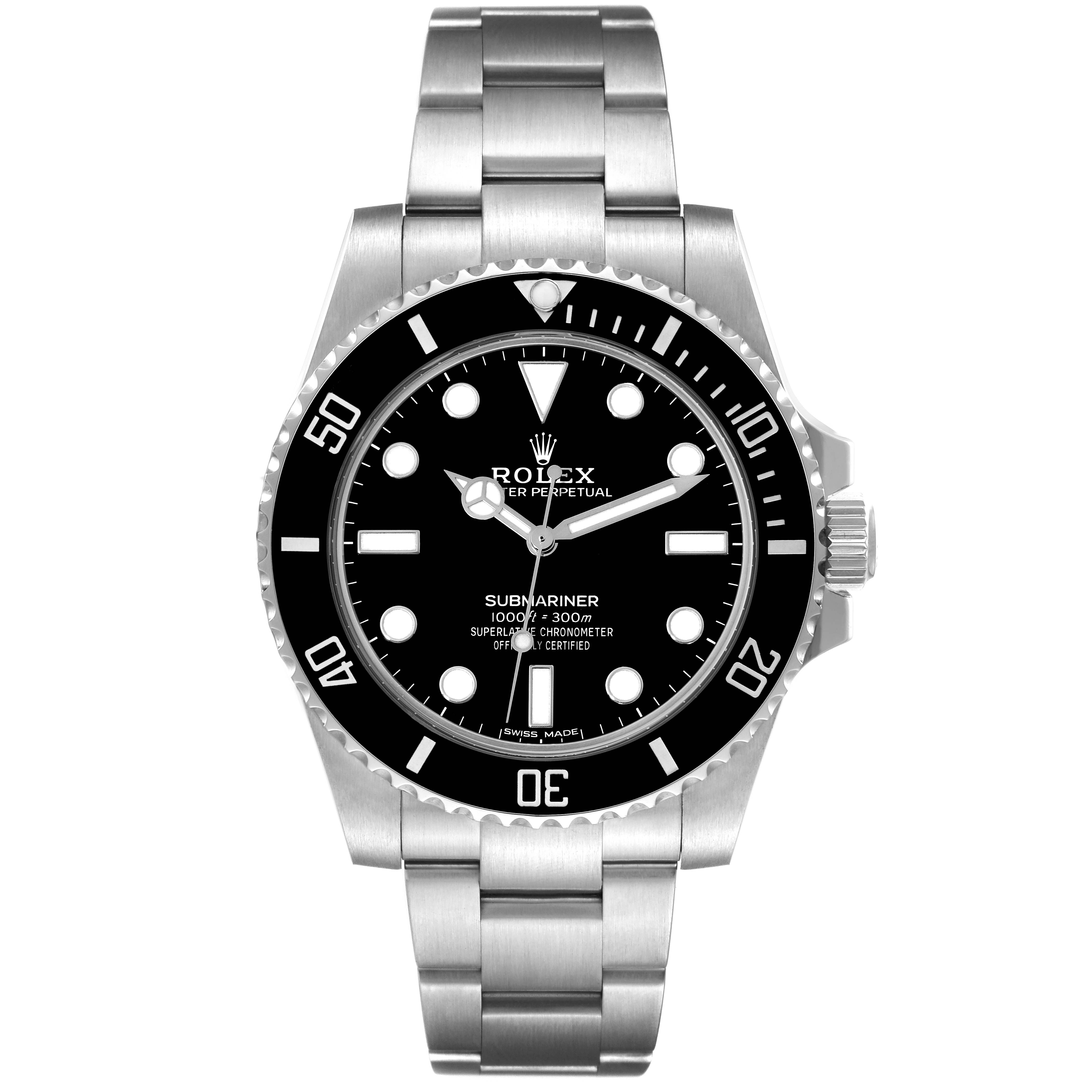 The image shows a front view of a Rolex Submariner 114060 Men
s Stainless Steel Black Dial 114060 Men
s Stainless Steel Black Dial watch, featuring its black dial, bezel, and stainless steel bracelet.