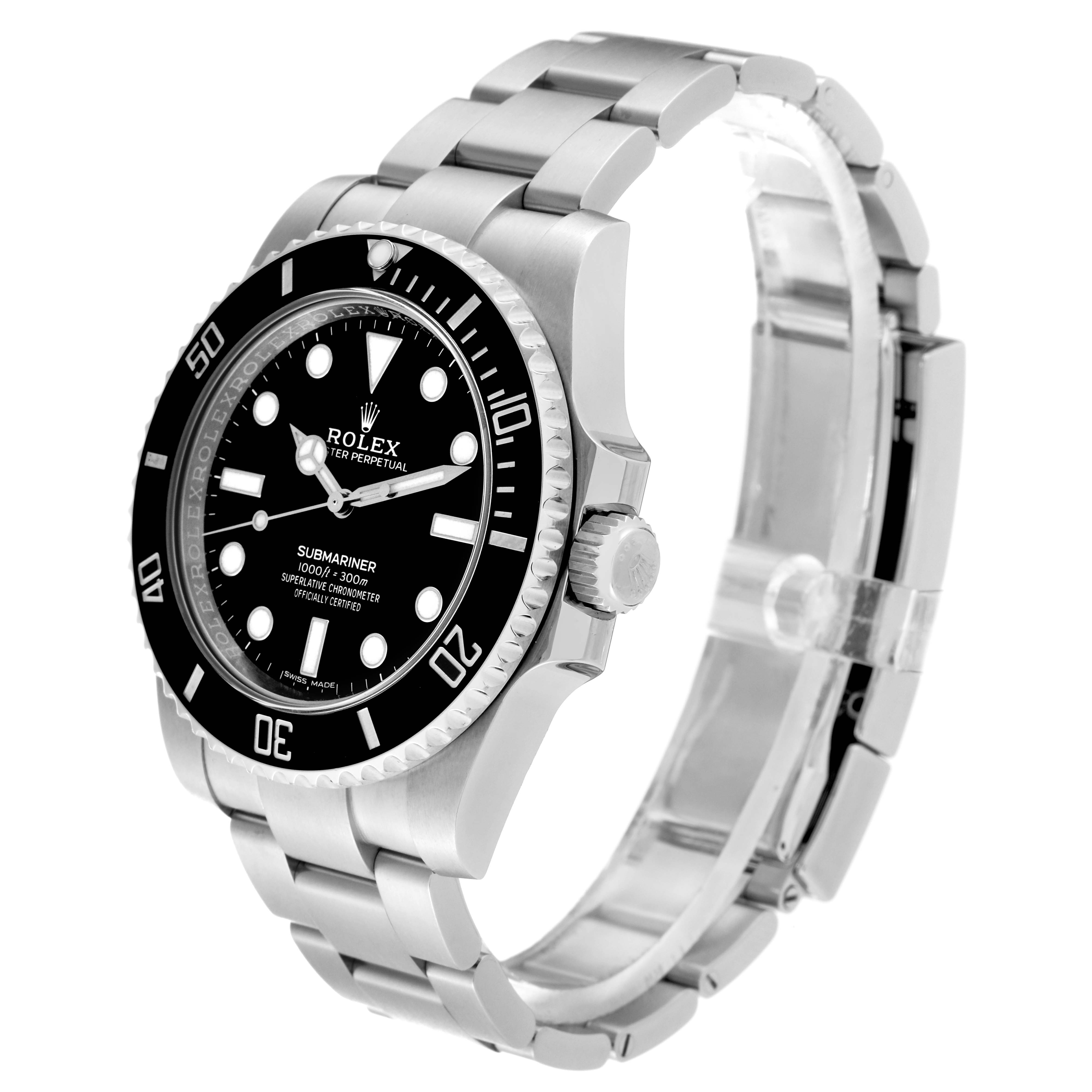 The image shows a Rolex Submariner 114060 Men
s Stainless Steel Black Dial 114060 Men
s Stainless Steel Black Dial watch at an angled side view, highlighting the dial, bezel, crown, and stainless steel bracelet.