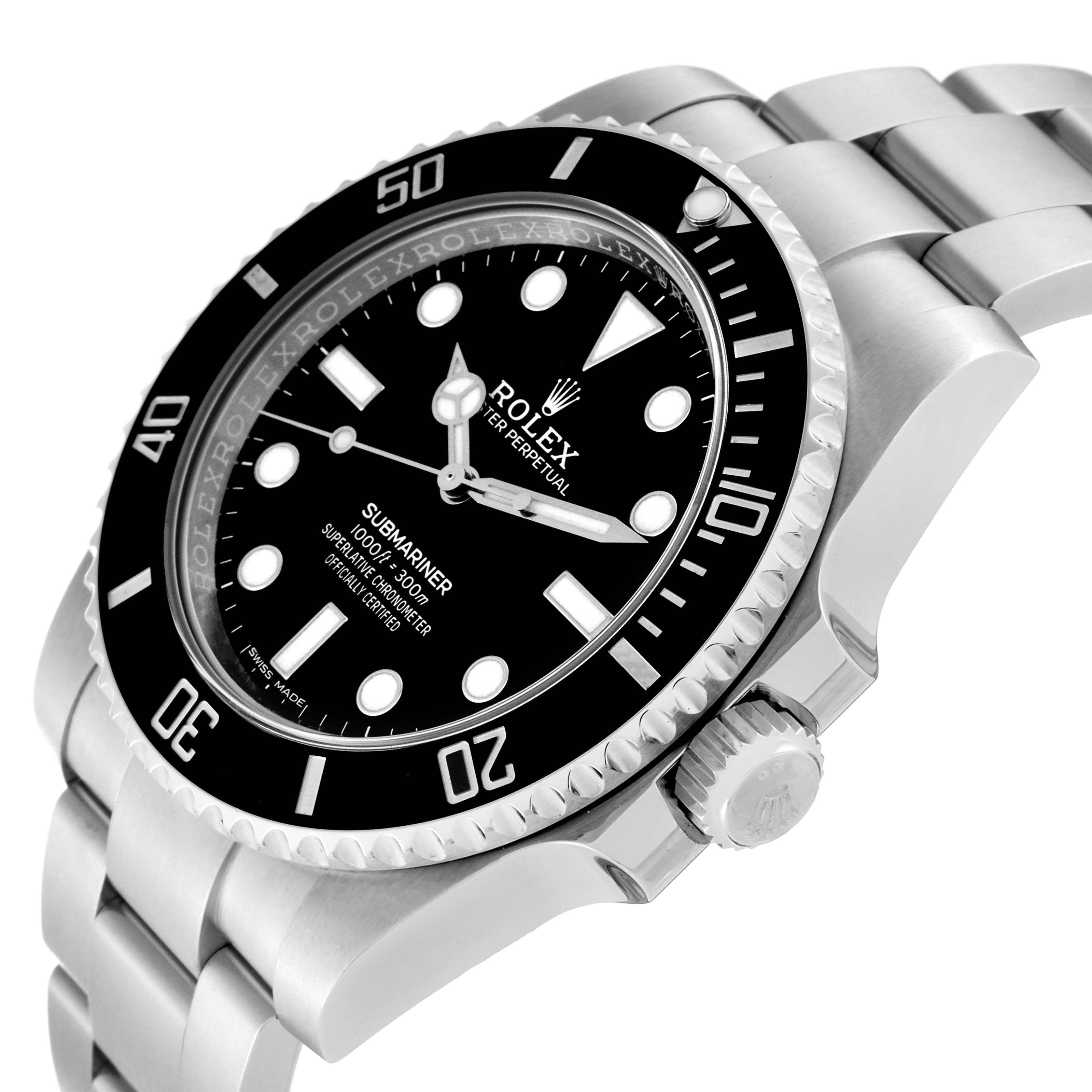 This image shows a close-up side view of a Rolex Submariner 114060 Men
s Stainless Steel Black Dial 114060 Men
s Stainless Steel Black Dial watch, highlighting its black dial, bezel, and stainless steel bracelet.
