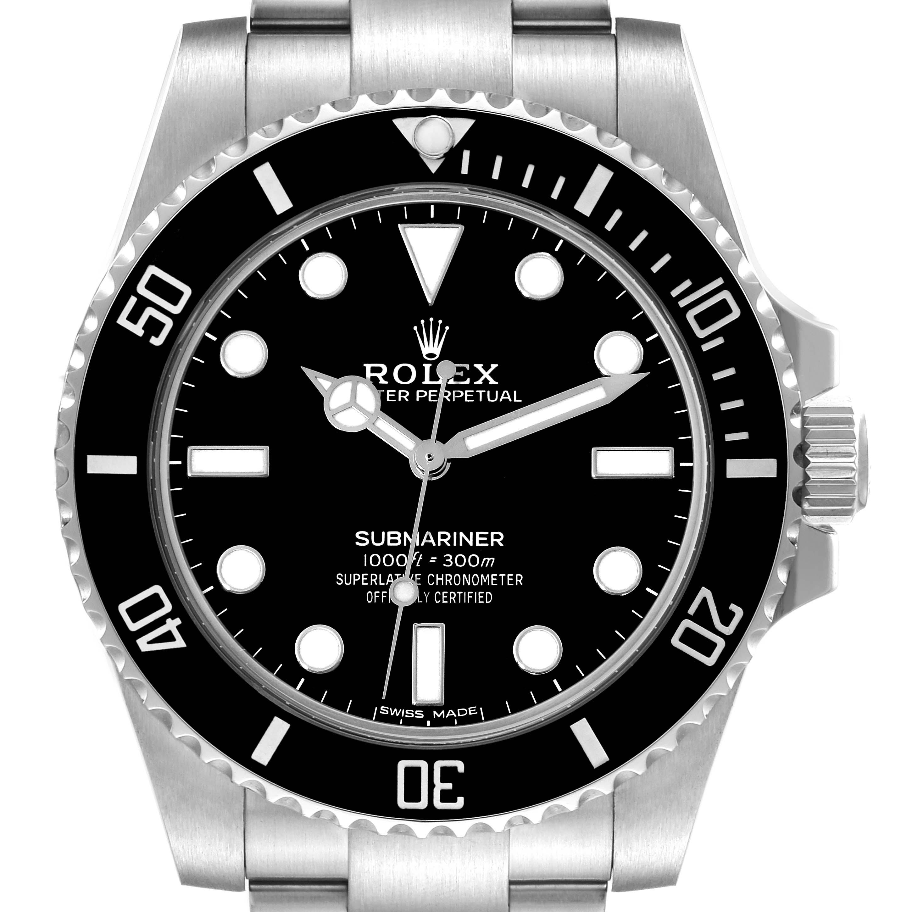 This image shows a front view of a Rolex Submariner 114060 Men
s Stainless Steel Black Dial 114060 Men
s Stainless Steel Black Dial watch displaying its dial, bezel, and part of the bracelet.