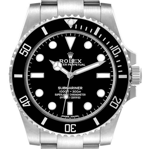 This image shows a front view of the Rolex Submariner watch, highlighting the dial, bezel, and part of the bracelet.