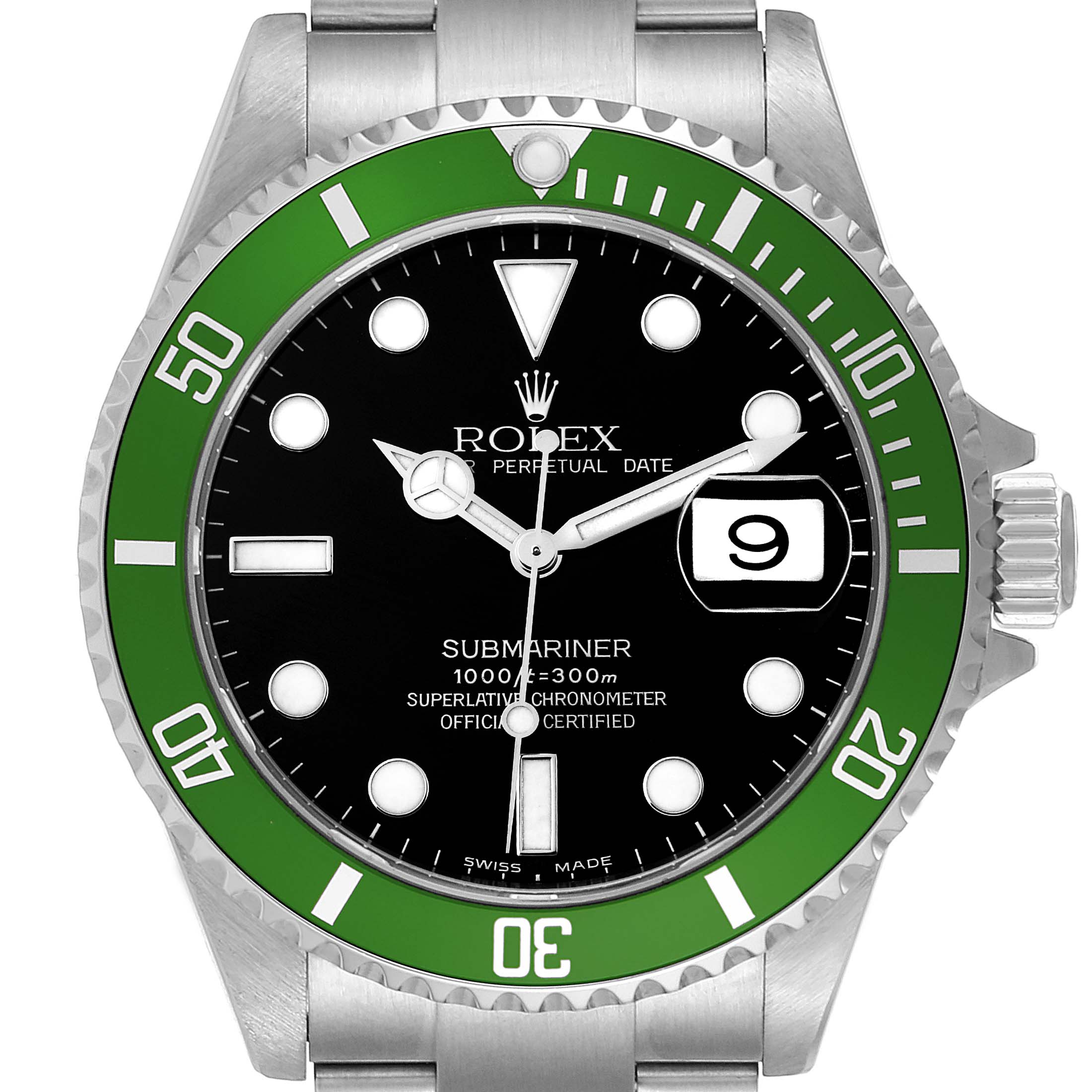 The image shows a front view of a Rolex Submariner 16610LV Men's Stainless Steel Black Dial 16610LV Men's Stainless Steel Black Dial watch, highlighting the black dial, green bezel, date window, and crown.