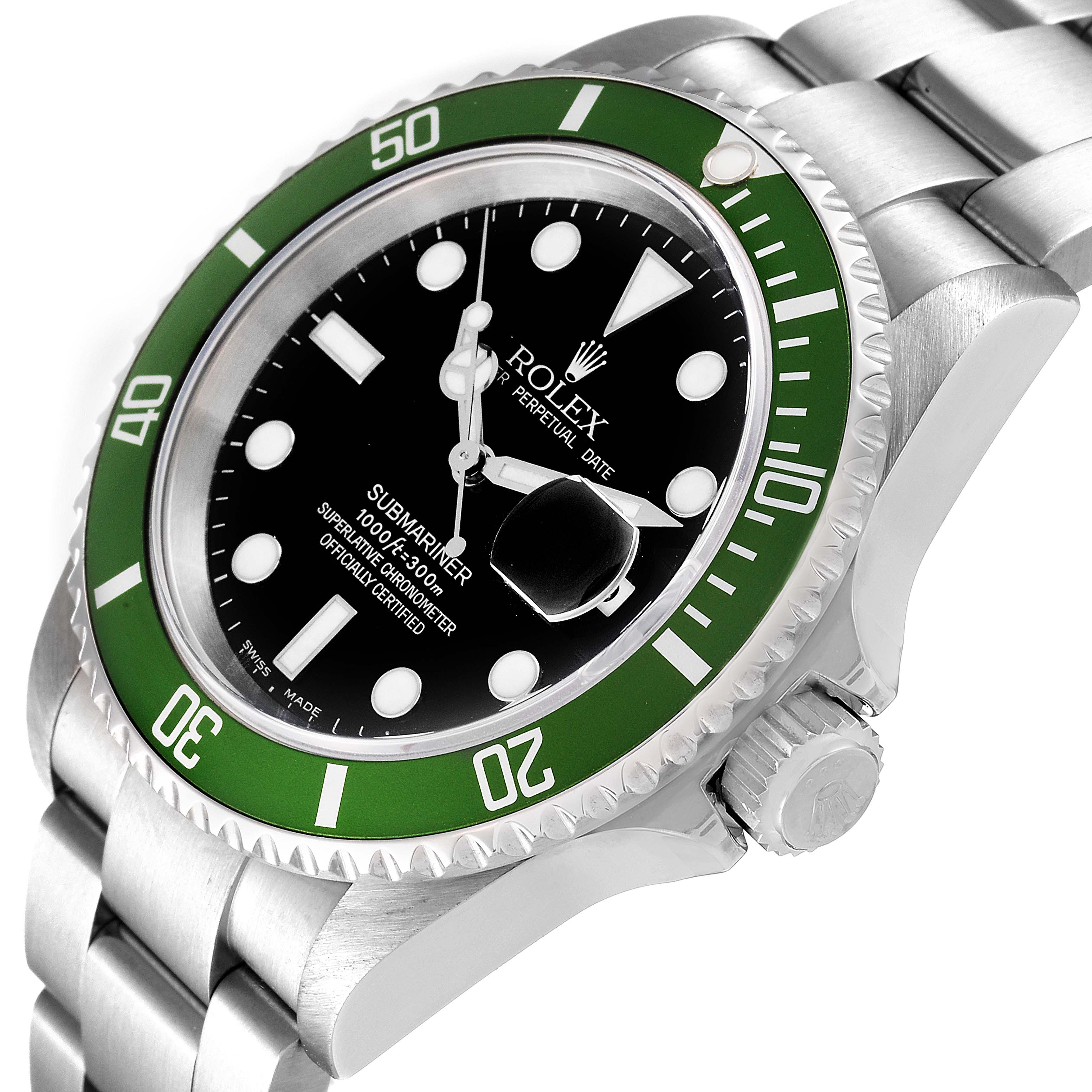 The image shows a Rolex Submariner 16610LV Men's Stainless Steel Black Dial 16610LV Men's Stainless Steel Black Dial watch at an angled side view, featuring its bezel, black dial, crown, and stainless steel bracelet.