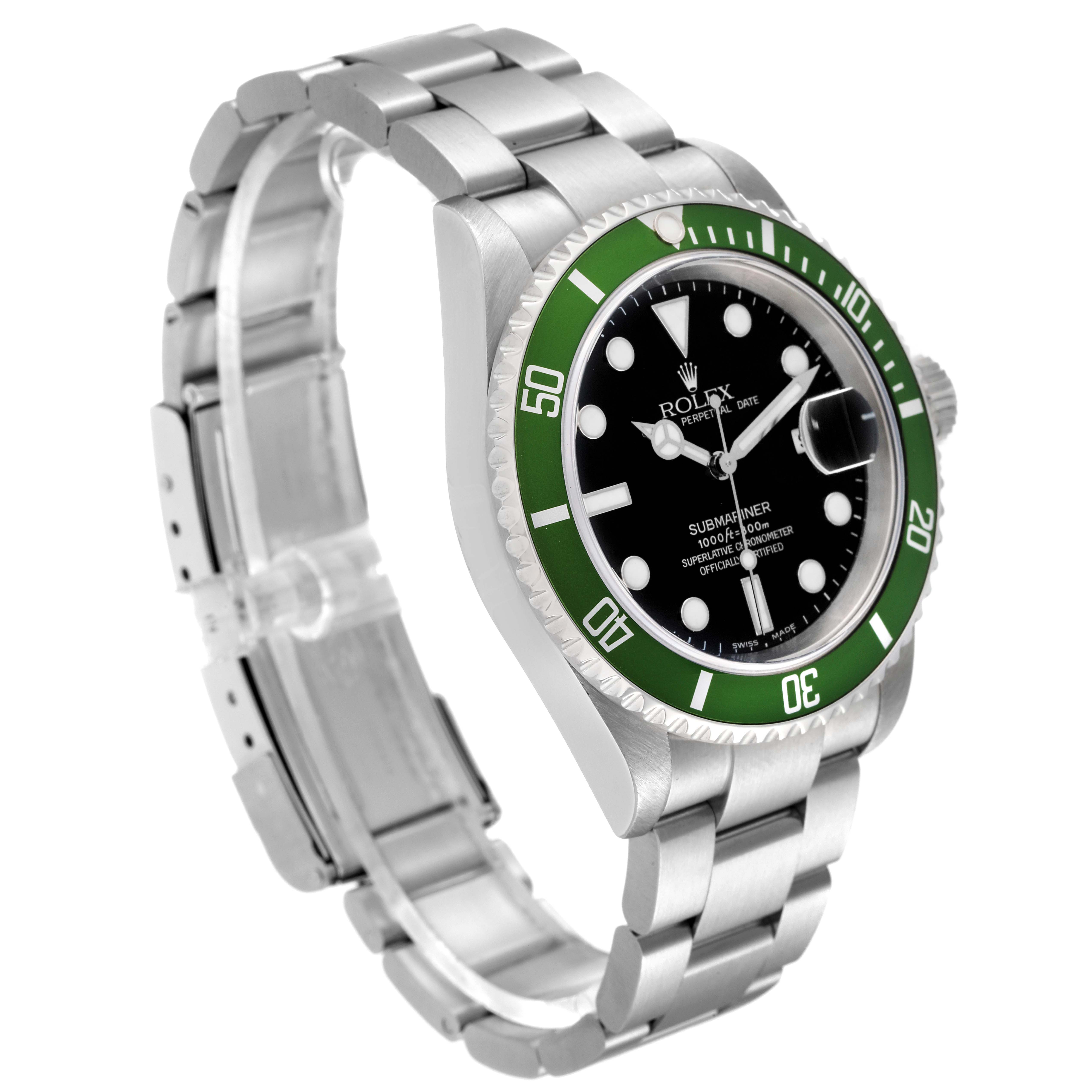 The image shows a side angle of the Rolex Submariner 16610LV Men's Stainless Steel Black Dial 16610LV Men's Stainless Steel Black Dial, highlighting its bracelet, case, bezel, dial, and date magnifier.