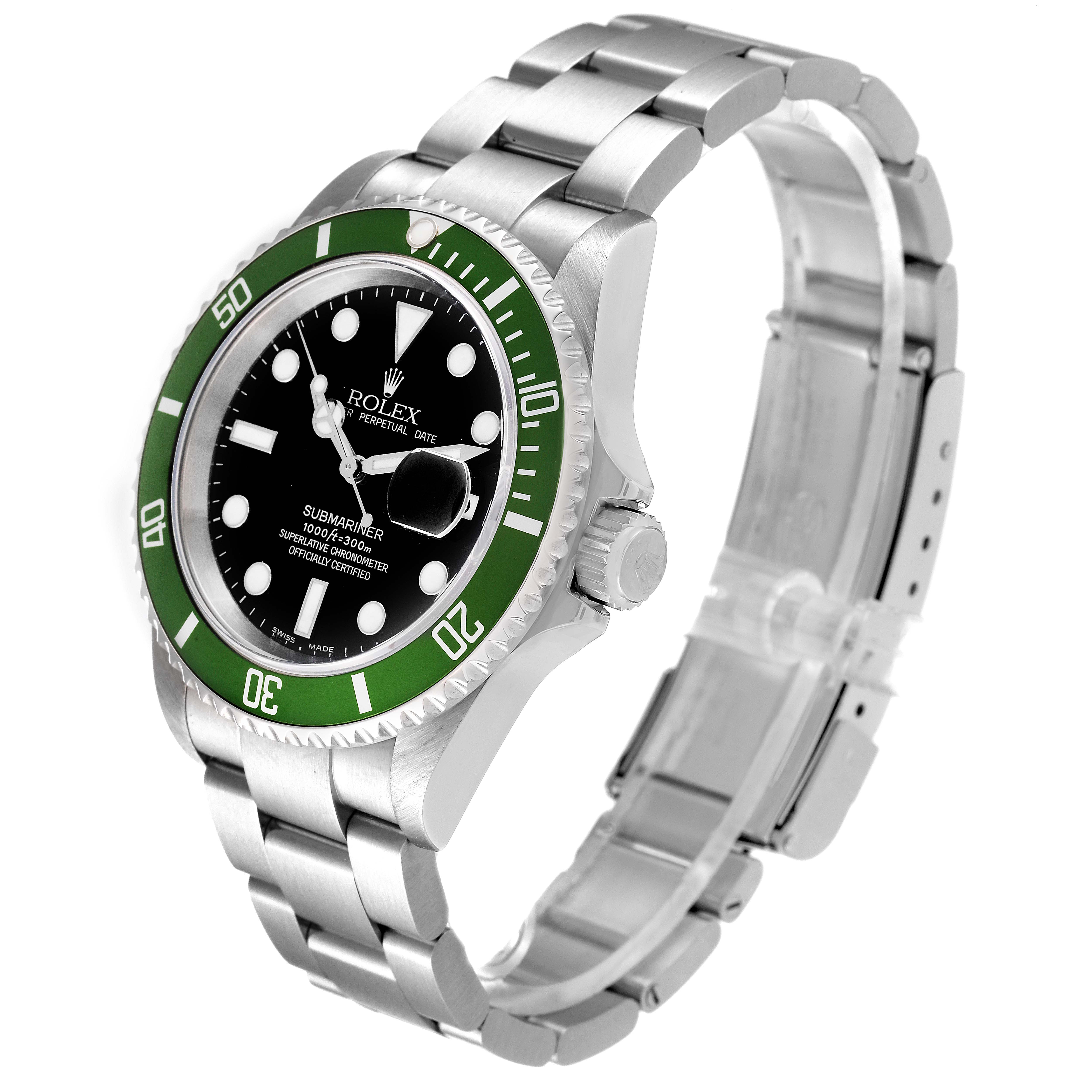 The image shows a Rolex Submariner 16610LV Men's Stainless Steel Black Dial 16610LV Men's Stainless Steel Black Dial watch at a three-quarter angle, highlighting the green bezel, black dial, and the stainless steel bracelet.