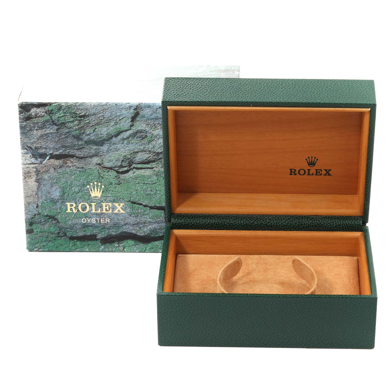 This image shows an open green Rolex Submariner 16610LV Men's Stainless Steel Black Dial 16610LV Men's Stainless Steel Black Dial watch box along with its outer packaging.