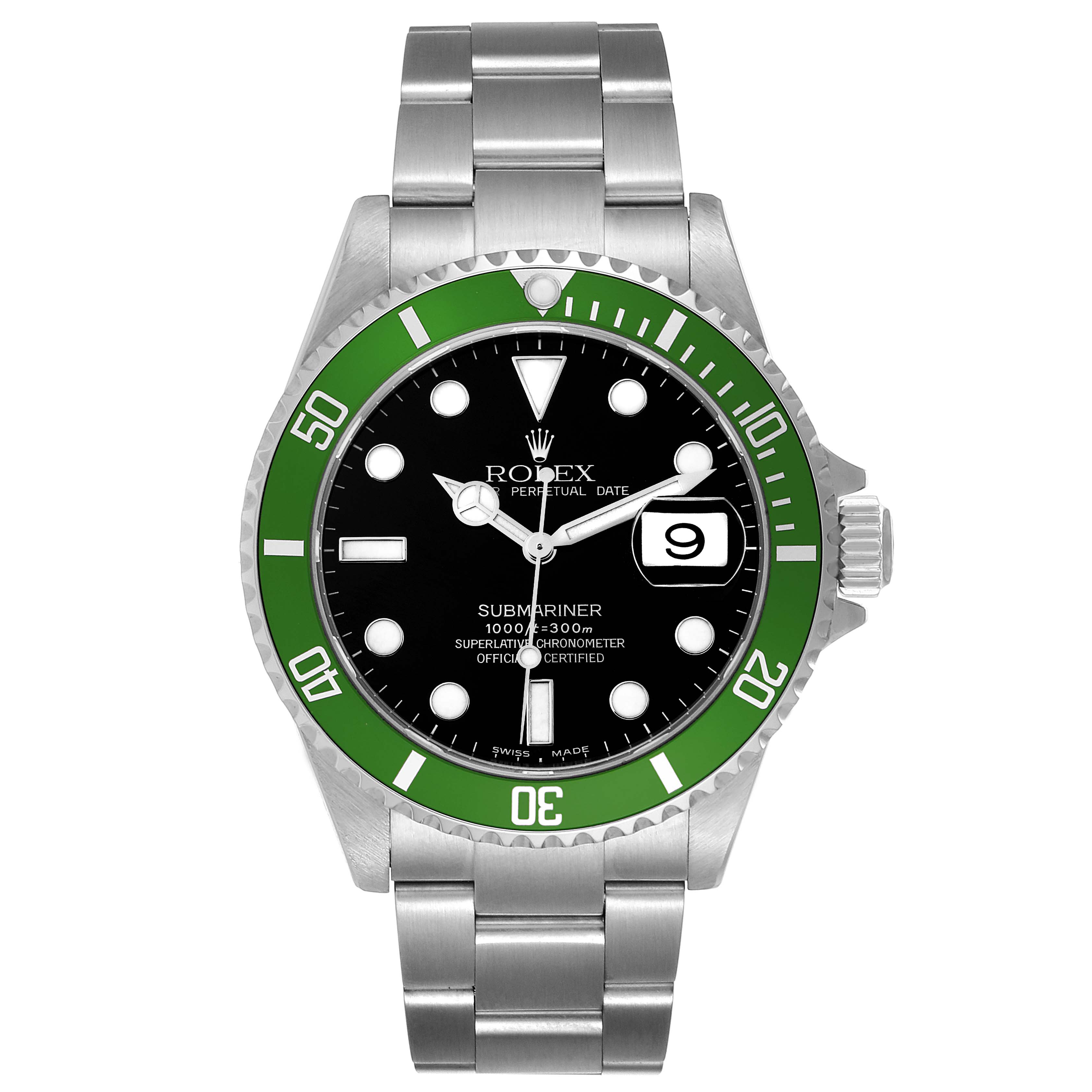 The Rolex Submariner 16610LV Men's Stainless Steel Black Dial 16610LV Men's Stainless Steel Black Dial watch is shown from the front, displaying the dial, bezel, and part of the bracelet.