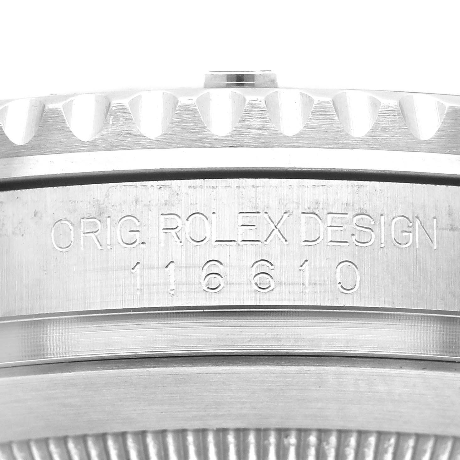 Close-up of the side engraving on a Rolex Submariner 116610LV Men's Stainless Steel Green Dial 116610LV Men's Stainless Steel Green Dial, displaying the text "Orig. Rolex Design 16610."