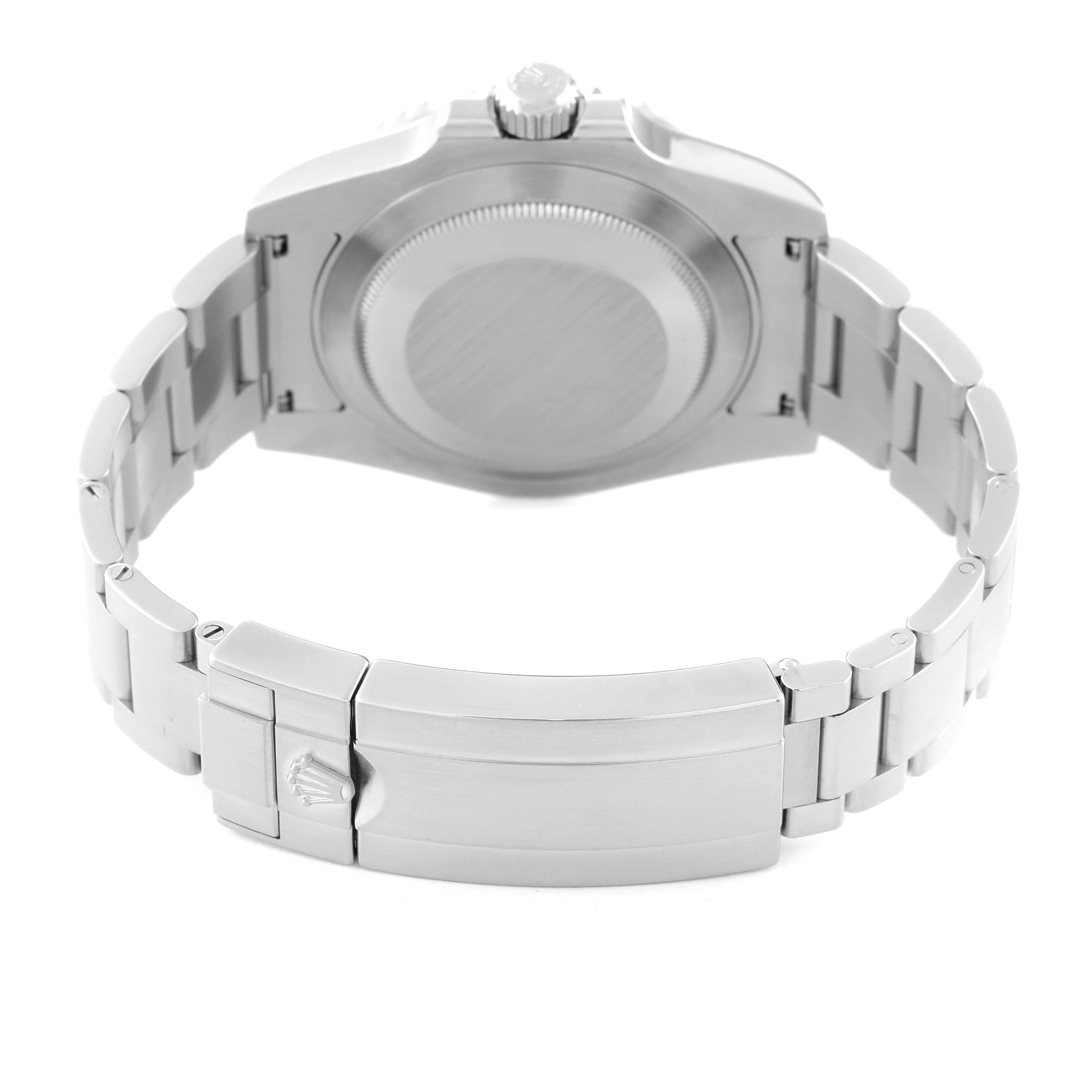 This image shows the back view and bracelet clasp of a Rolex Submariner 116610LV Men's Stainless Steel Green Dial 116610LV Men's Stainless Steel Green Dial watch.