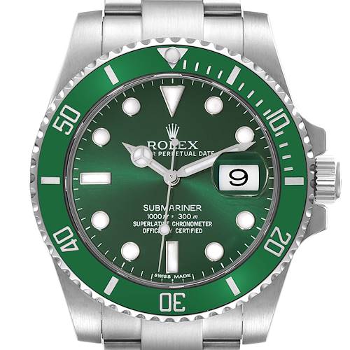 The image shows a front view of the Rolex Submariner watch, highlighting its green bezel, dial, and date magnifier.