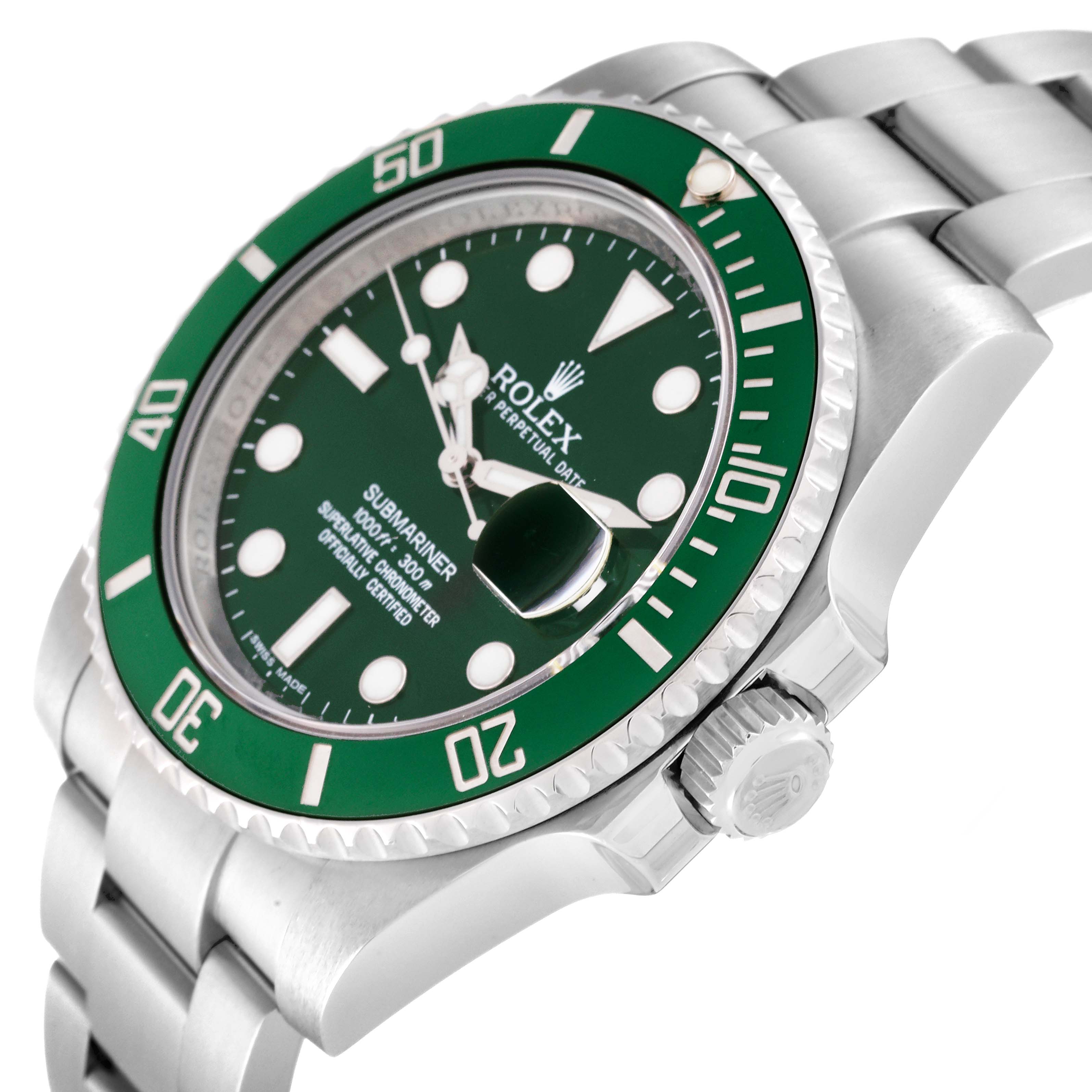 This image shows a close-up angled view of a Rolex Submariner 116610LV Men's Stainless Steel Green Dial 116610LV Men's Stainless Steel Green Dial watch, highlighting the crown, bezel, and bracelet.