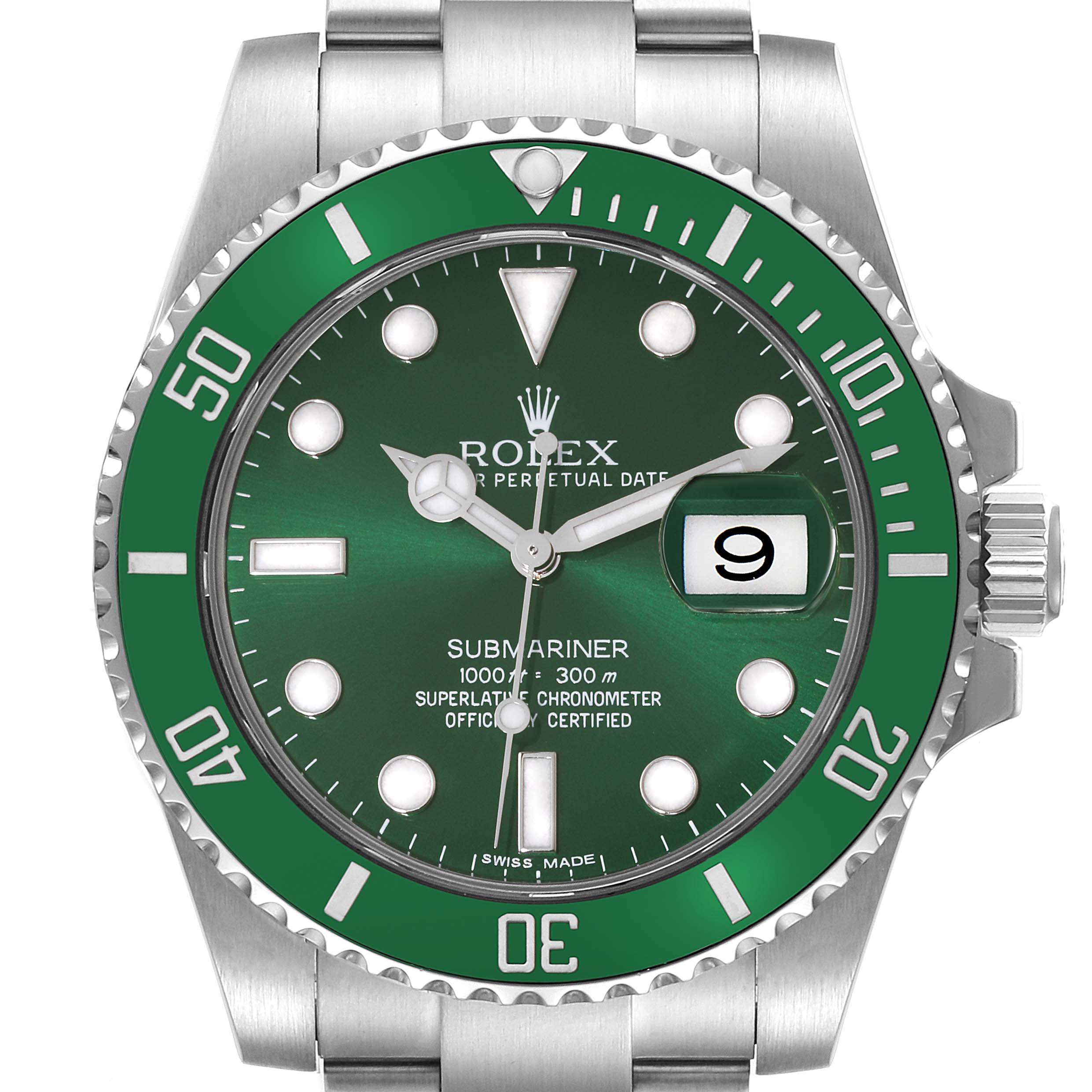 This image shows a close-up front view of the Rolex Submariner 116610LV Men's Stainless Steel Green Dial 116610LV Men's Stainless Steel Green Dial watch, highlighting its green dial, bezel, and date window.