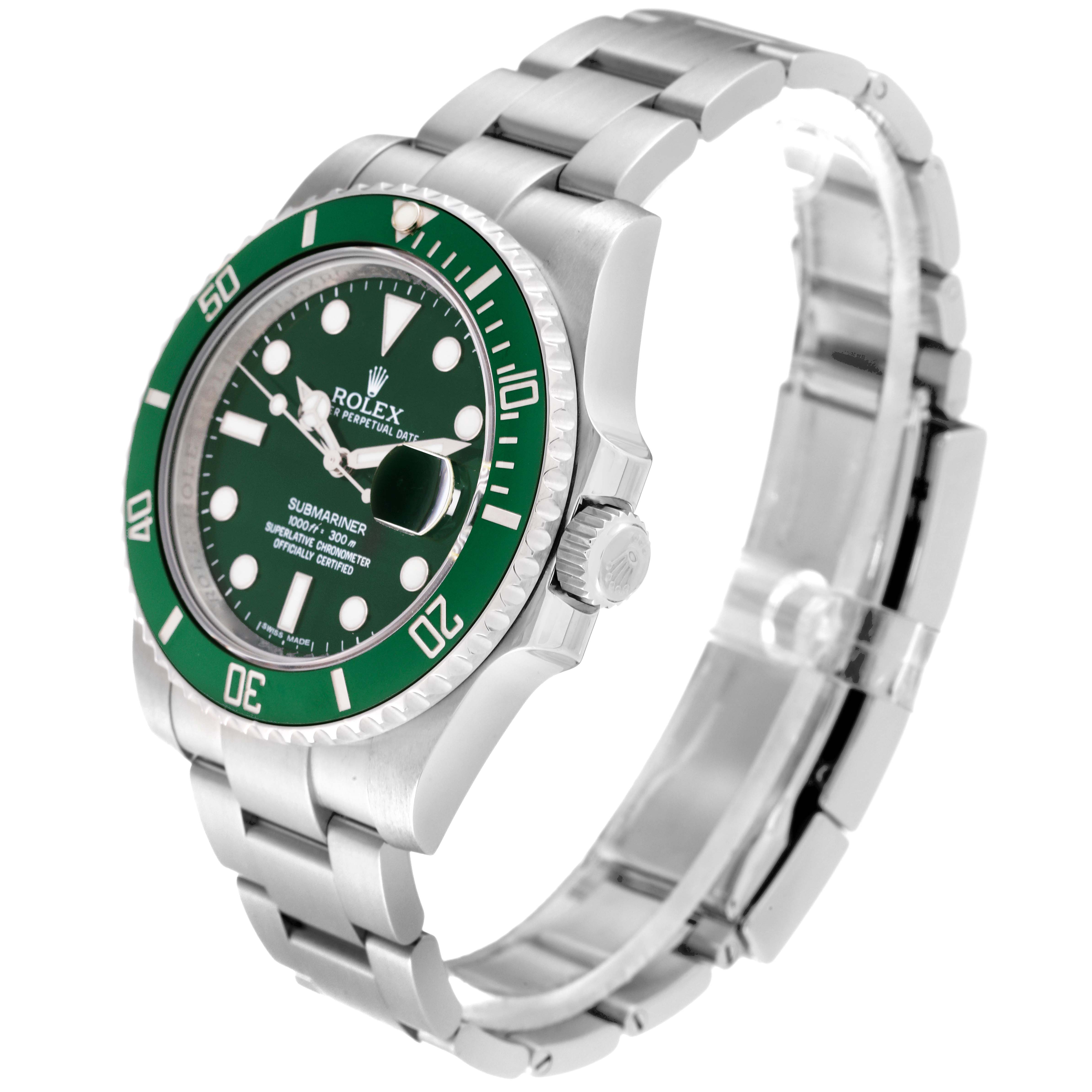 This image shows a Rolex Submariner 116610LV Men's Stainless Steel Green Dial 116610LV Men's Stainless Steel Green Dial watch at a three-quarter angle, highlighting the green bezel, dial, and stainless steel bracelet.