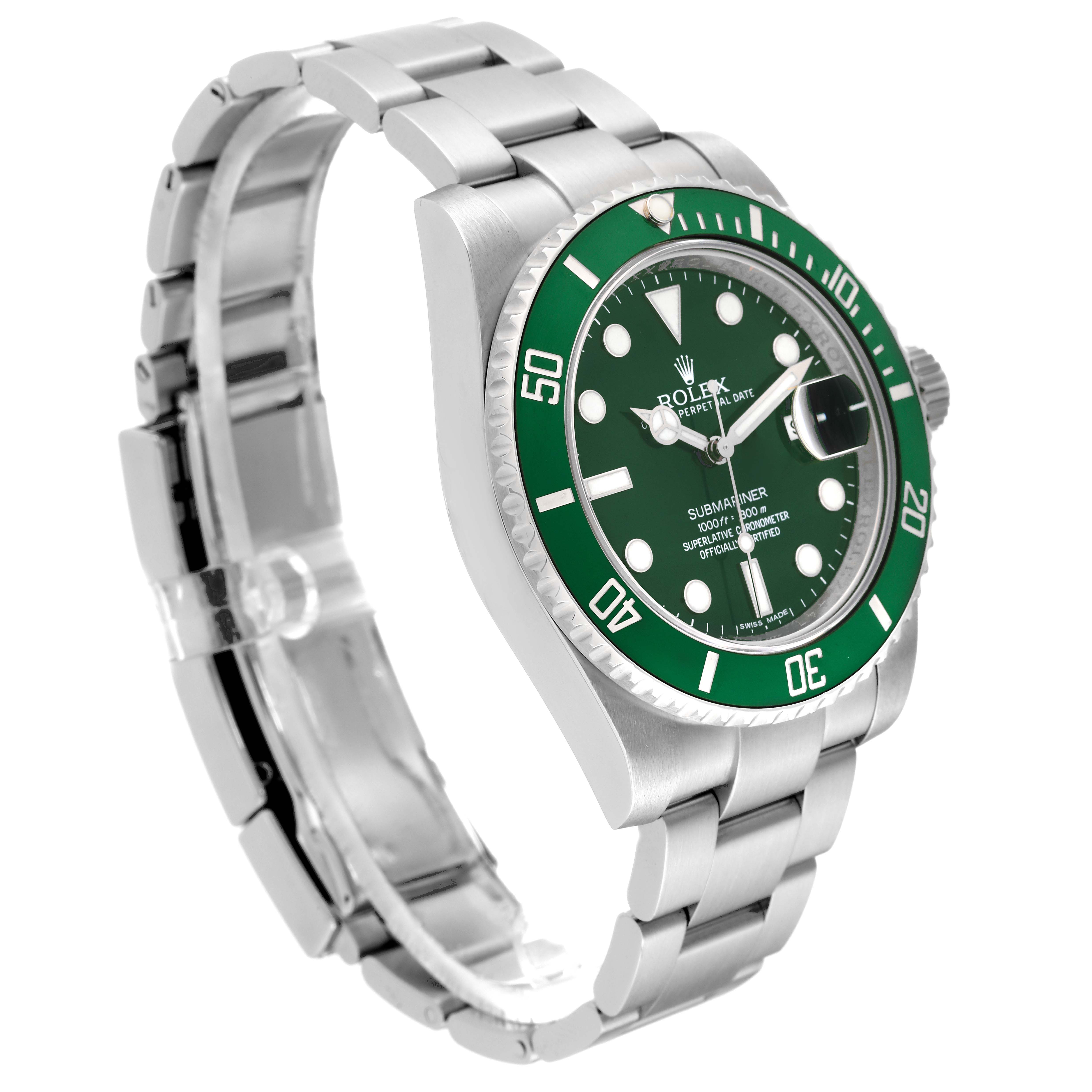 The image shows a three-quarter angle view of a Rolex Submariner 116610LV Men's Stainless Steel Green Dial 116610LV Men's Stainless Steel Green Dial watch, highlighting the green dial, bezel, and stainless steel bracelet.