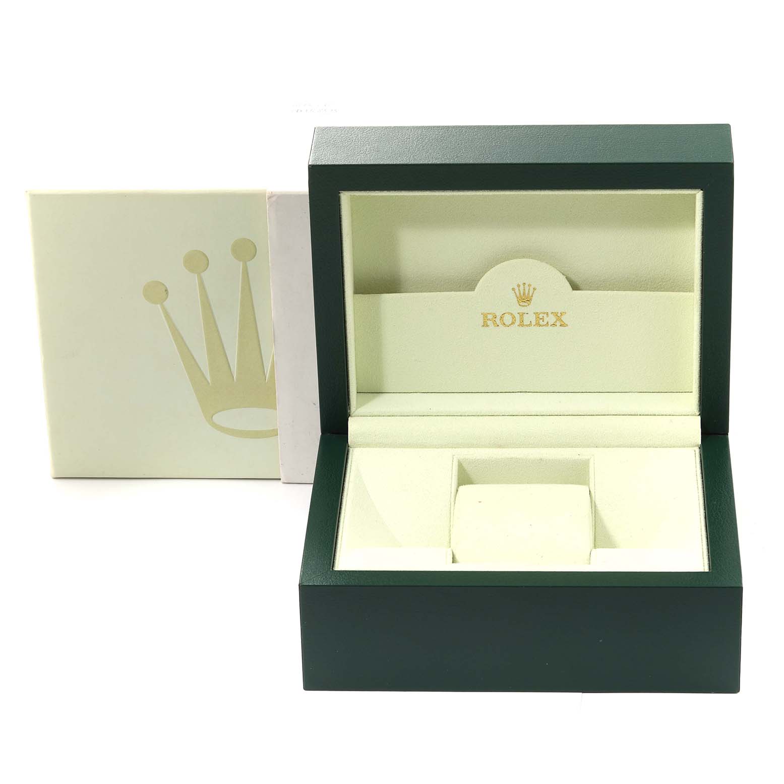 The image shows the open, empty box for a Rolex Submariner 116610LV Men's Stainless Steel Green Dial 116610LV Men's Stainless Steel Green Dial, with the exterior and interior visible.