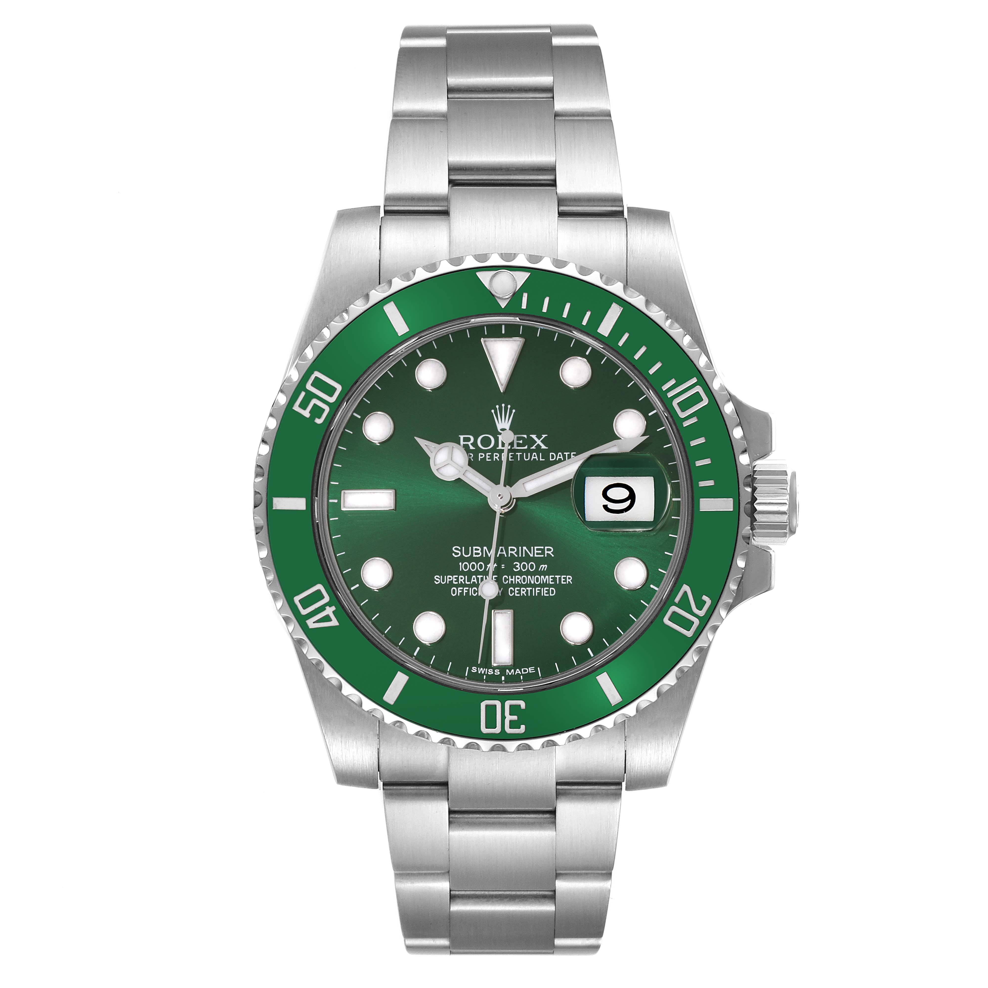 The Rolex Submariner 116610LV Men's Stainless Steel Green Dial 116610LV Men's Stainless Steel Green Dial watch is shown from a front view, featuring a green dial and bezel with a stainless steel bracelet.