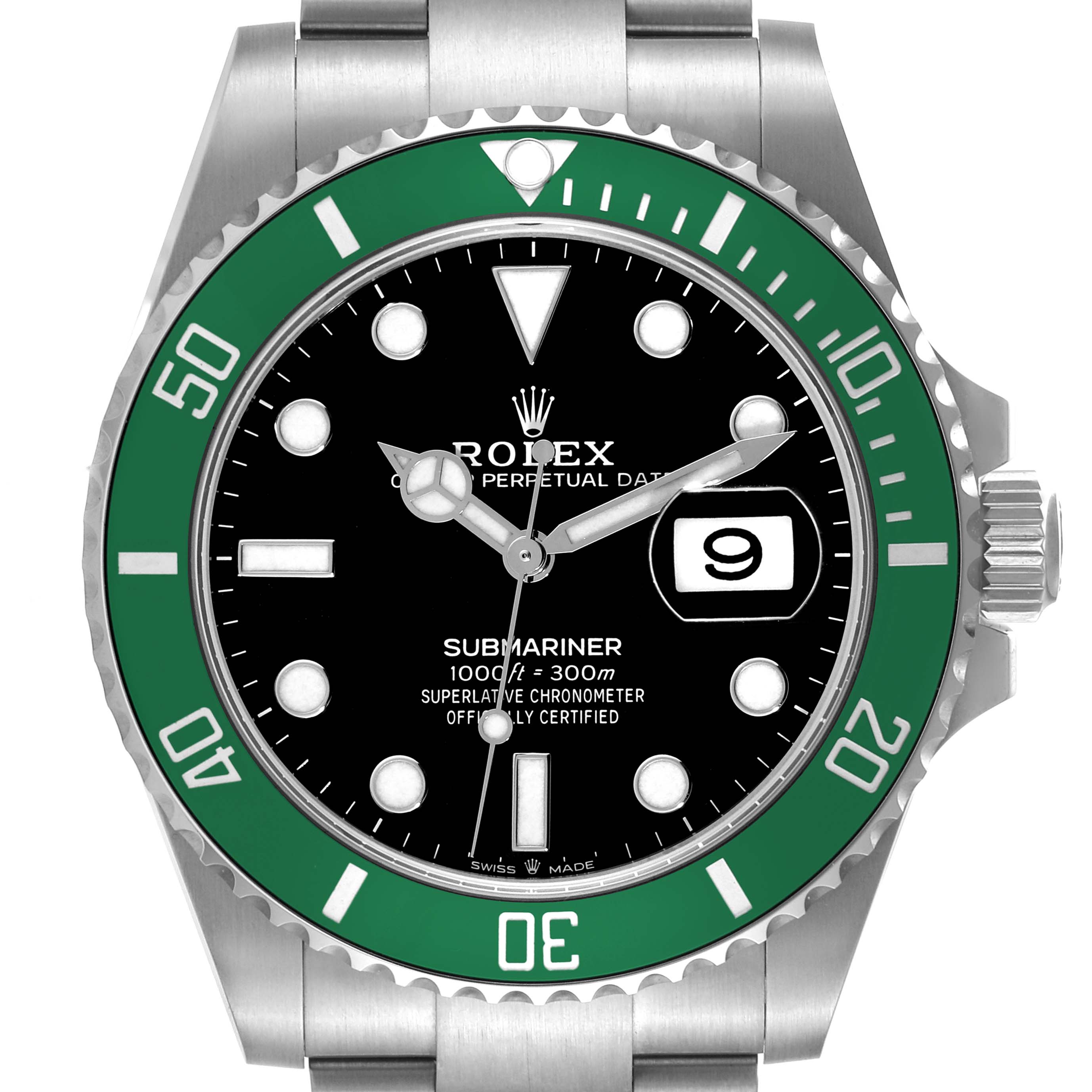 The image shows the Rolex Submariner 126610LV Men
s Stainless Steel Black Dial 126610LV Men
s Stainless Steel Black Dial watch
s face and bezel, viewed straight from the front.