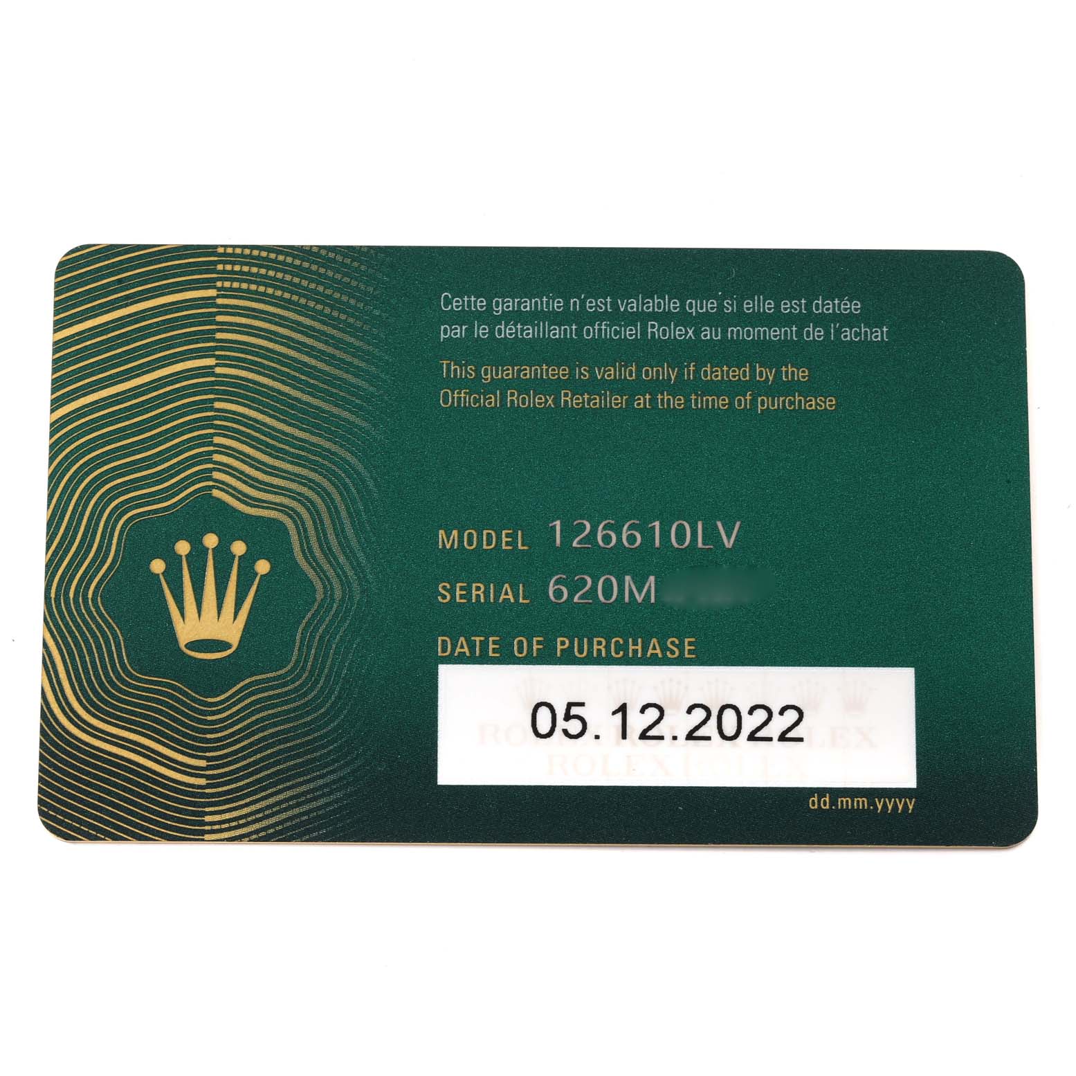 This image shows a warranty card for the Rolex Submariner 126610LV Men
s Stainless Steel Black Dial 126610LV Men
s Stainless Steel Black Dial model 126610LV.