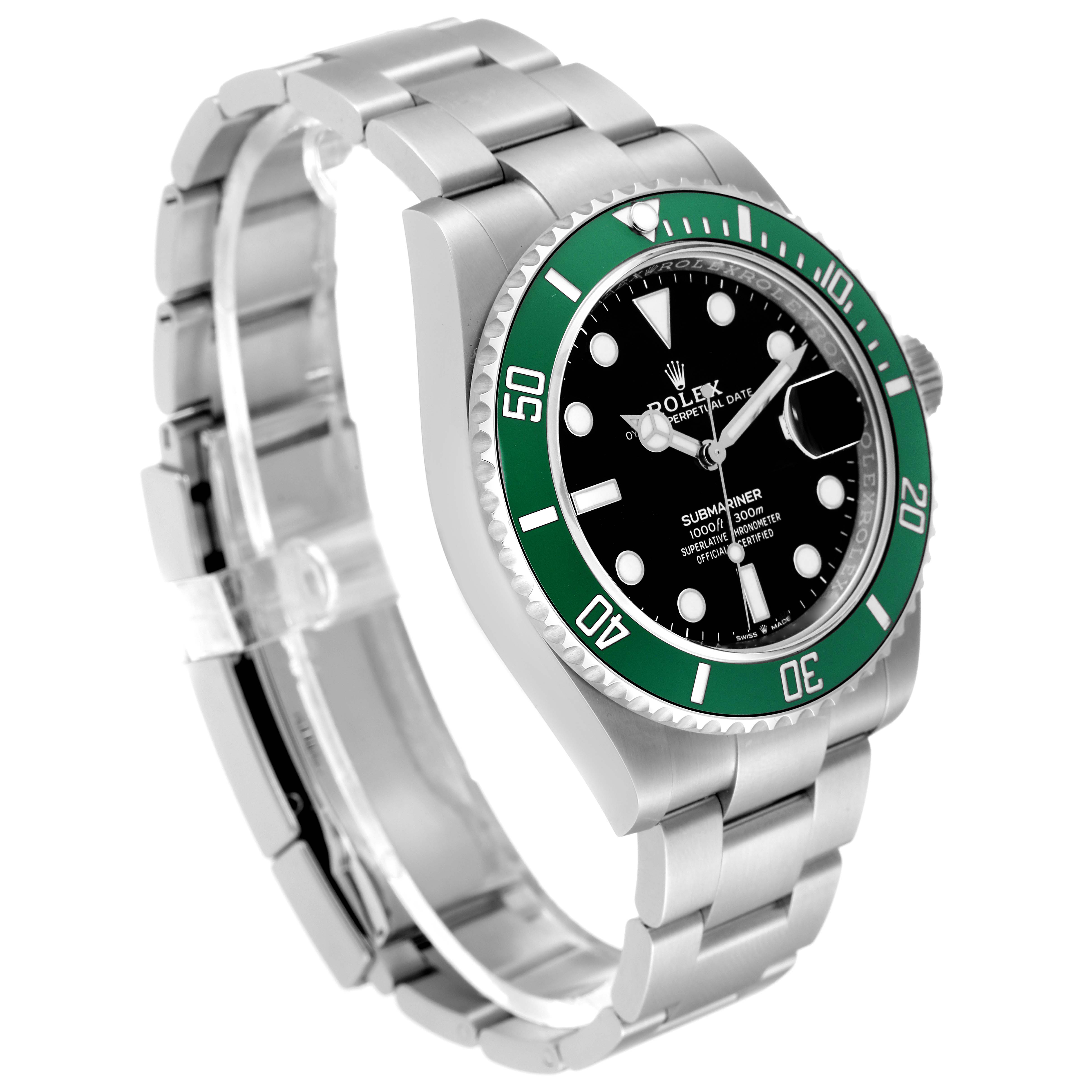The Rolex Submariner 126610LV Men
s Stainless Steel Black Dial 126610LV Men
s Stainless Steel Black Dial is shown at a three-quarter angle, highlighting its green bezel, black dial, and stainless steel bracelet.