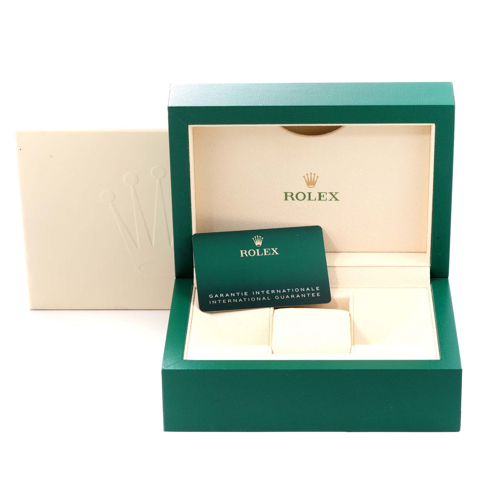 The image shows the open box and warranty card of a Rolex Submariner 126610LV Men
s Stainless Steel Black Dial 126610LV Men
s Stainless Steel Black Dial model.