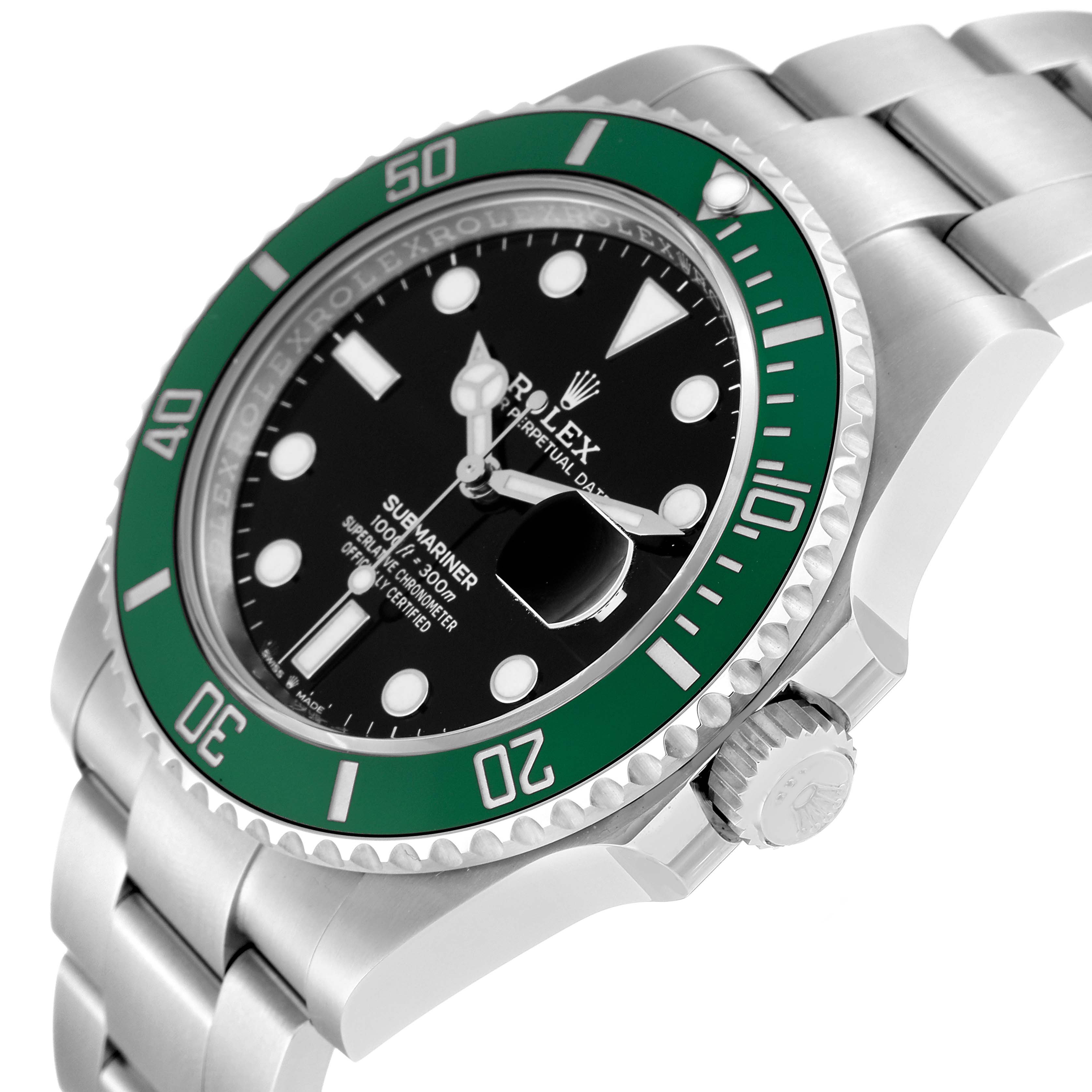 This image shows a Rolex Submariner 126610LV Men
s Stainless Steel Black Dial 126610LV Men
s Stainless Steel Black Dial watch at an angled side view, highlighting its green bezel, black dial, and crown.