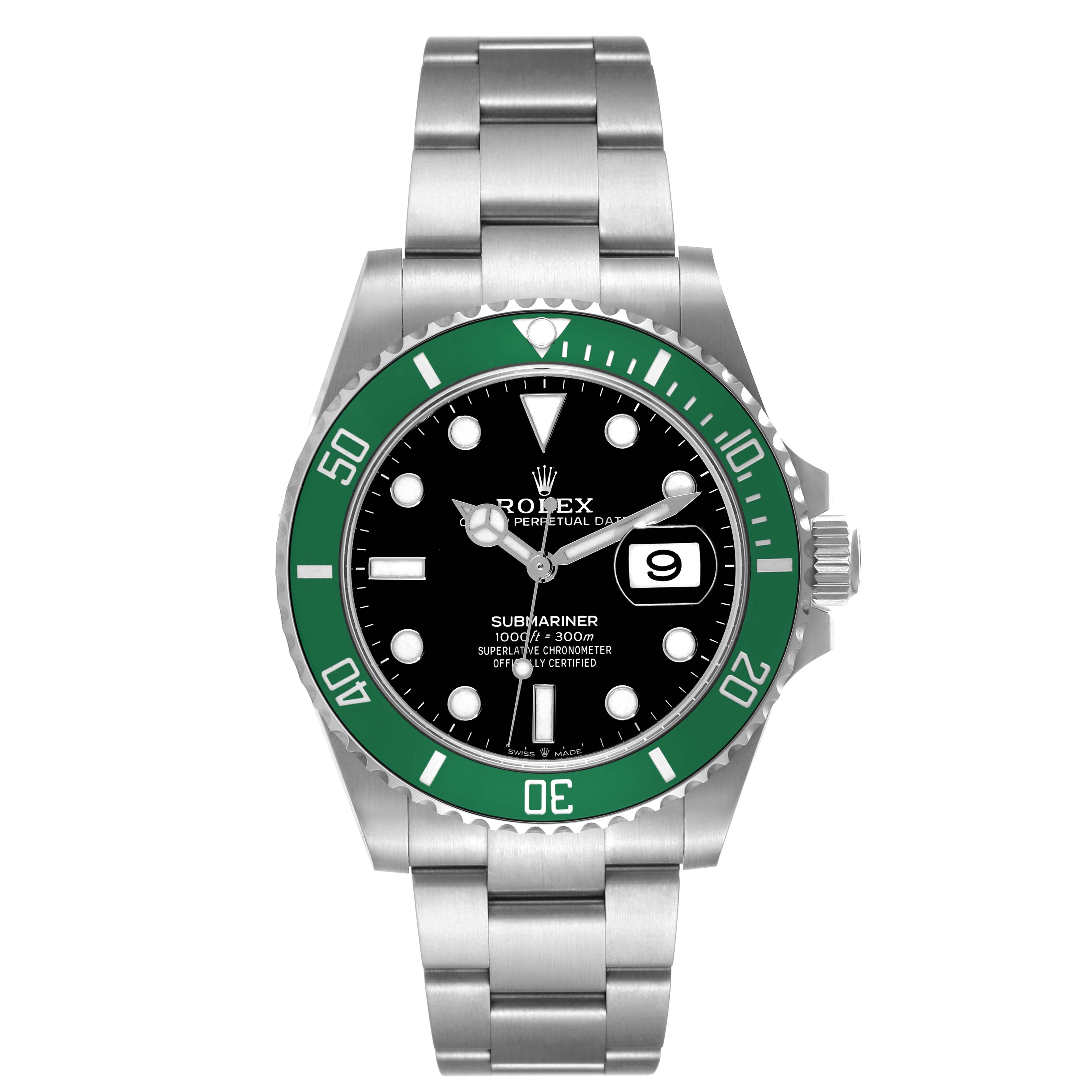 The image shows a front view of a Rolex Submariner 126610LV Men
s Stainless Steel Black Dial 126610LV Men
s Stainless Steel Black Dial watch, displaying its green bezel, black dial, date window, and stainless steel bracelet.